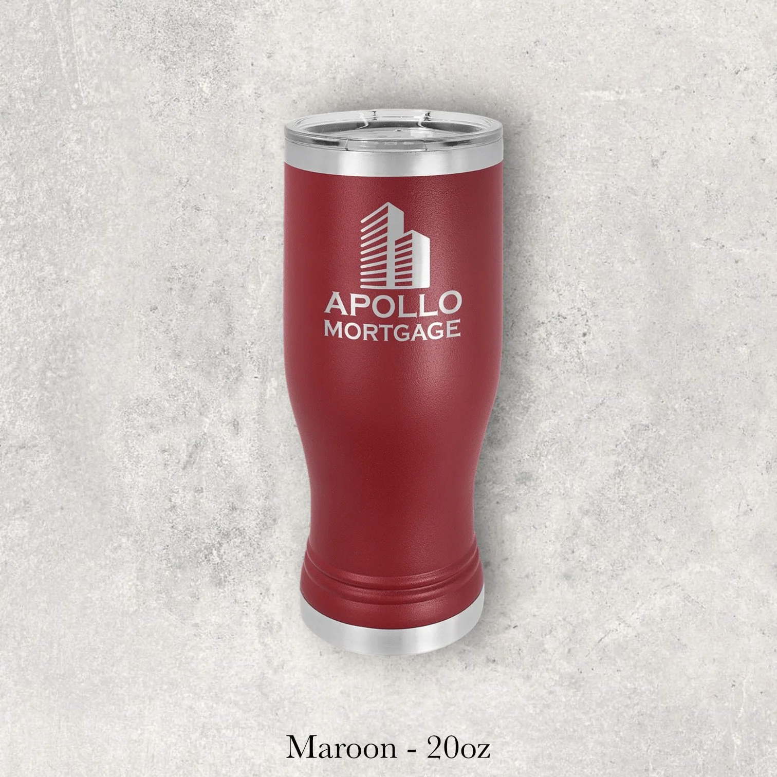 Maroon 20oz pilsner-style tumbler engraved by Lazeric with the Apollo Mortgage logo.