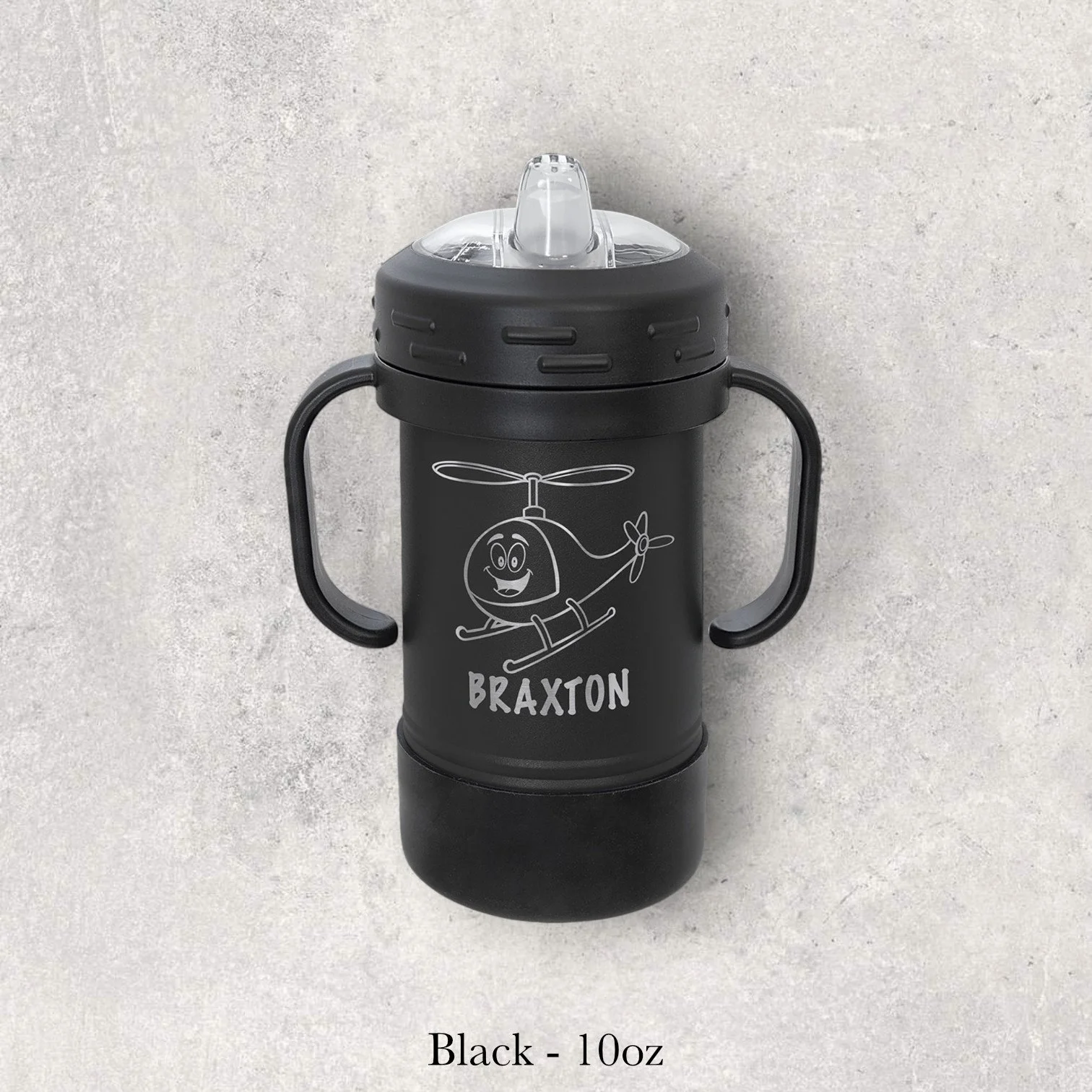 Black – 10oz metal sippy cup engraved with cartoon helicopter character and the name “Braxton,” custom laser engraved by Lazeric.
