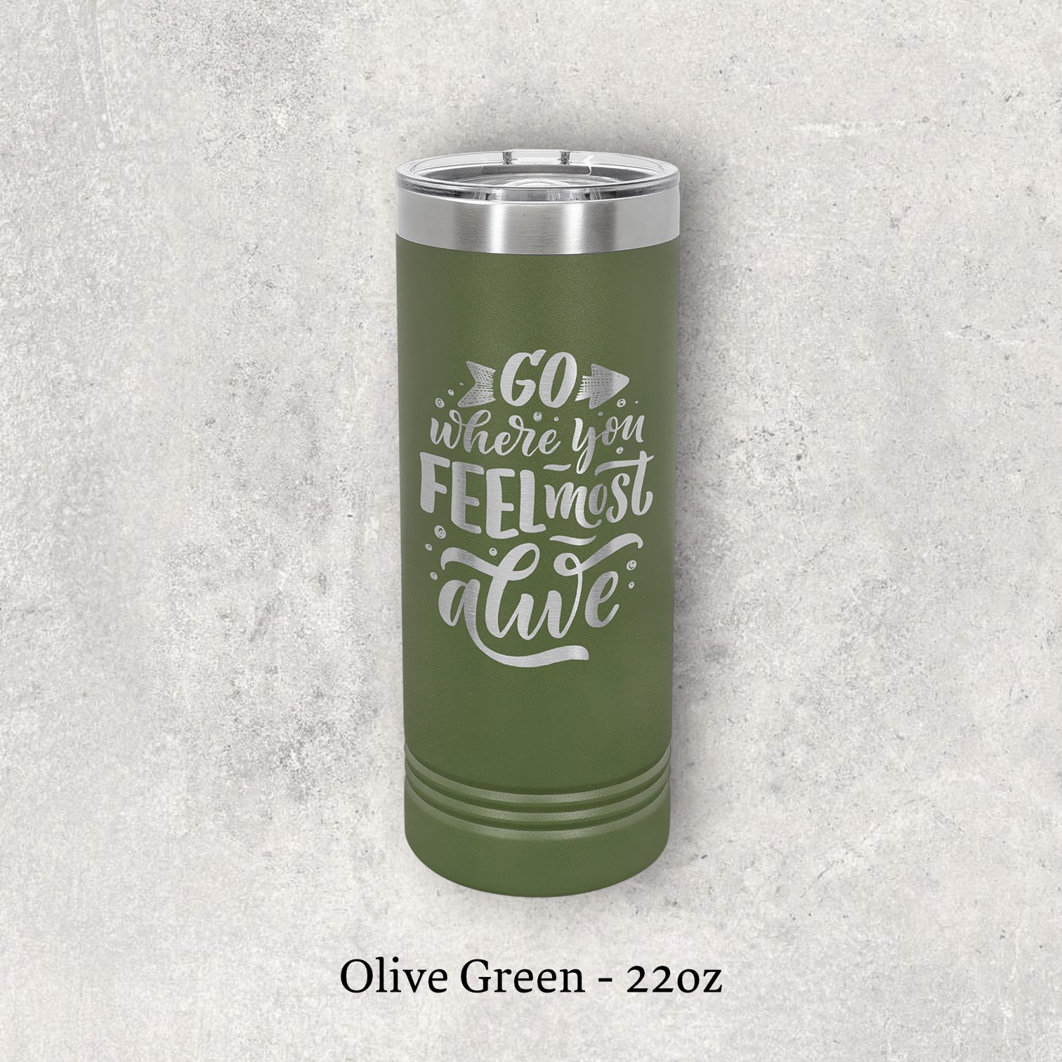 Laser engraved olive green 22oz skinny tumbler with lid – Lazeric