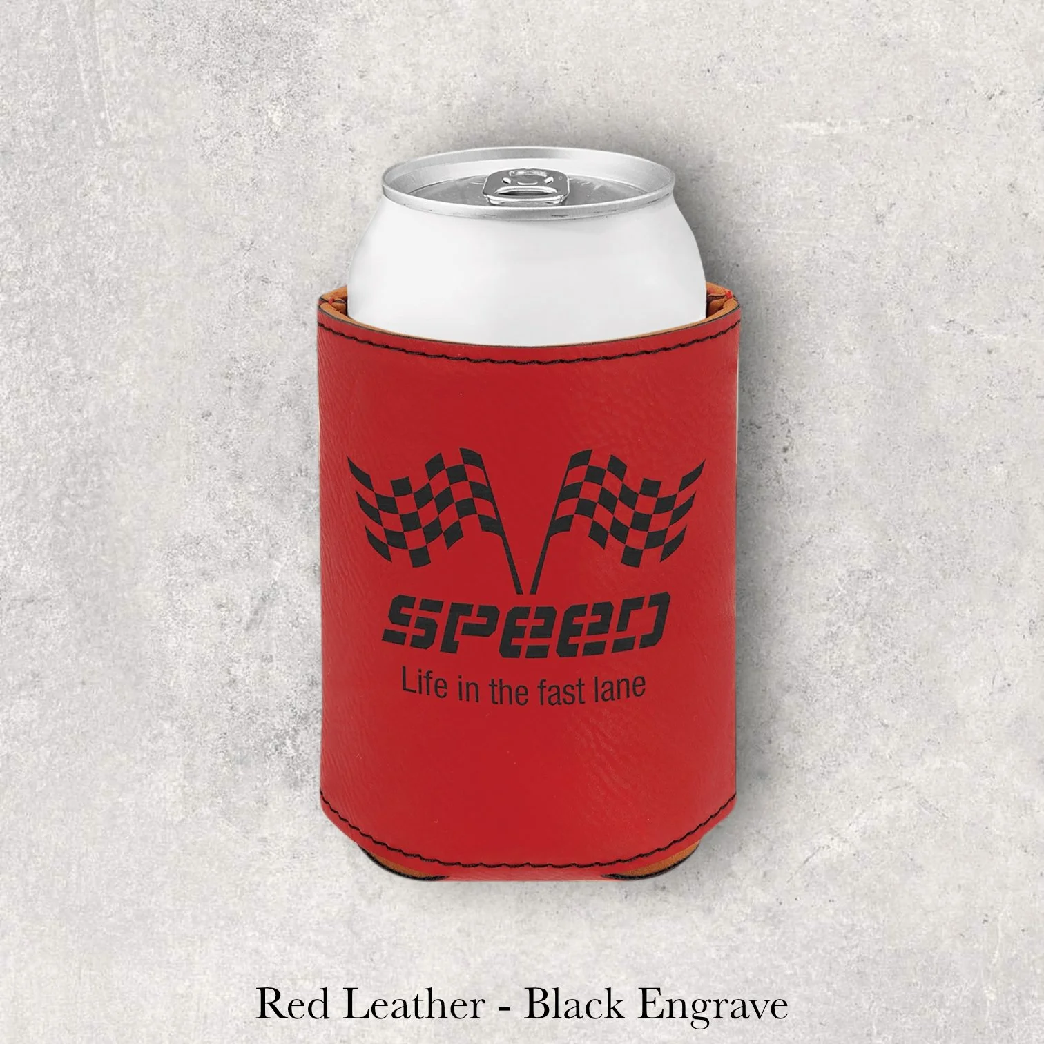 Laser engraved red leather can coozie with Speed racing flags graphic, engraved by Lazeric