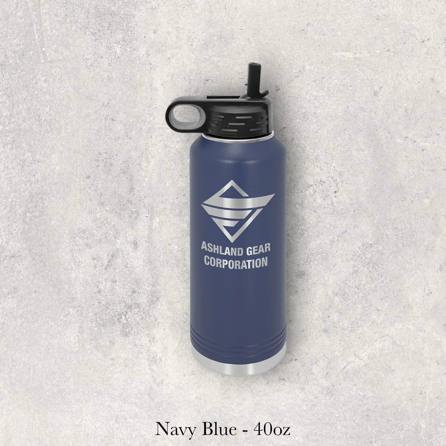 Navy blue 40oz metal water bottle engraved by Lazeric with a corporate gear-style logo using clean geometric lines.