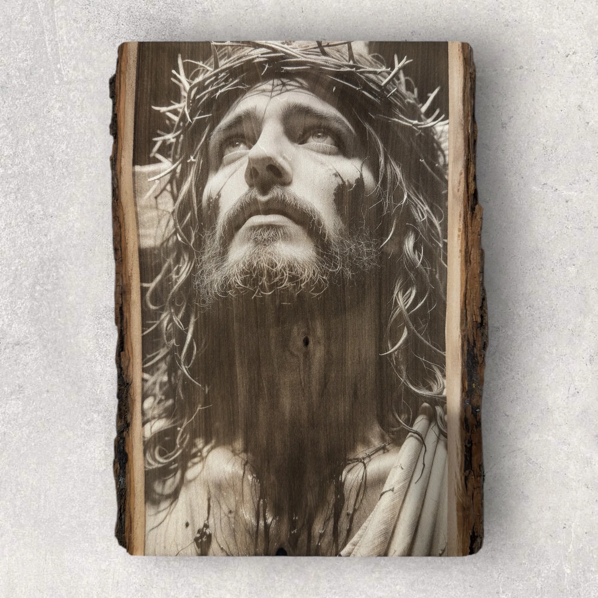 Laser engraved portrait of Jesus with crown of thorns on live edge wood, engraved by Lazeric