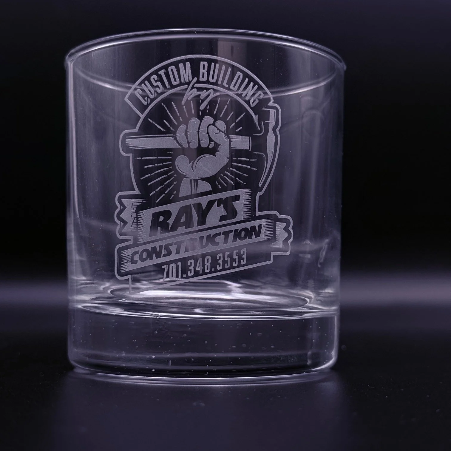 lLaser engraved 10.5oz rocks glass with custom business logo, engraved by Lazeric