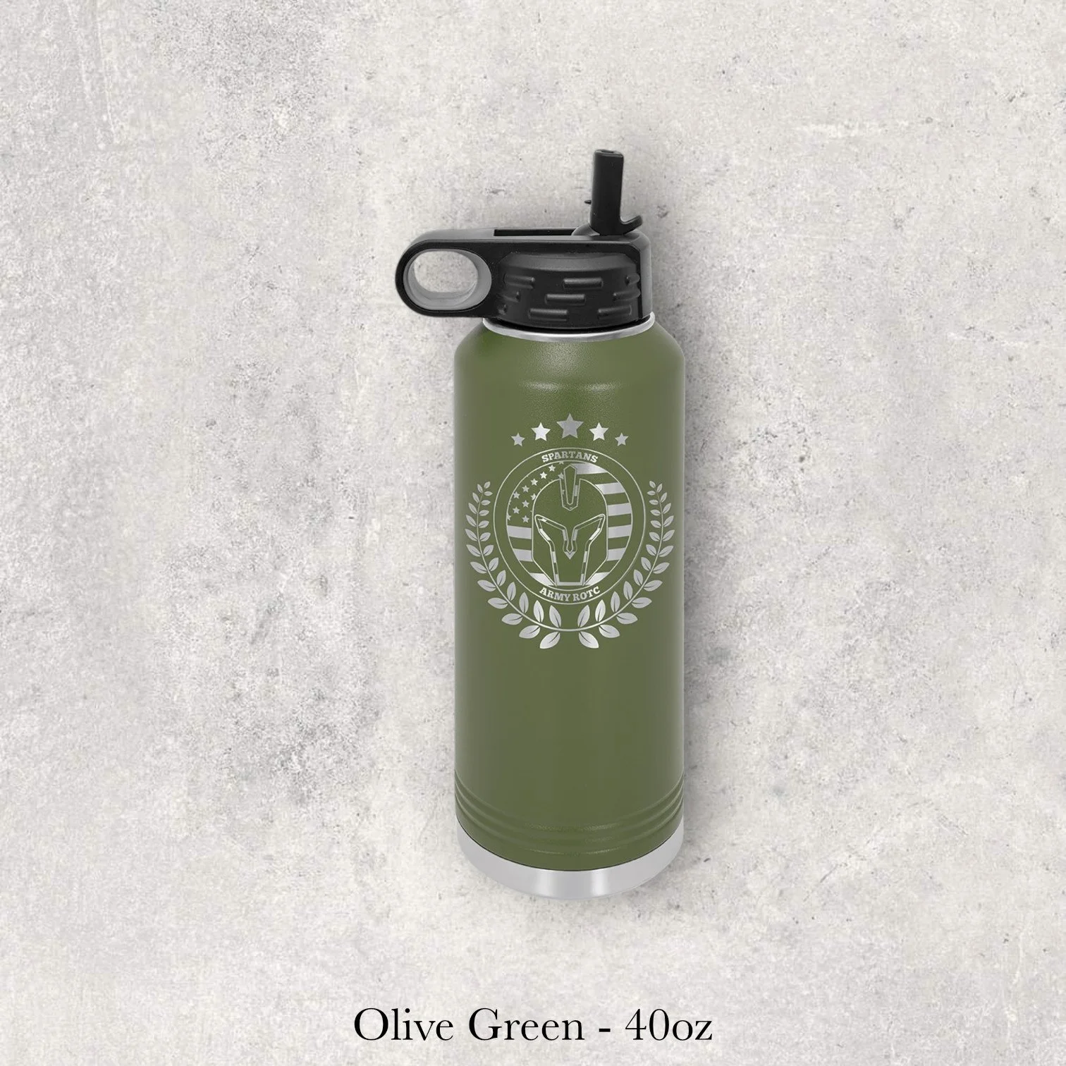 Olive green 40oz metal water bottle engraved by Lazeric featuring a circular crest logo with stars and emblem details.