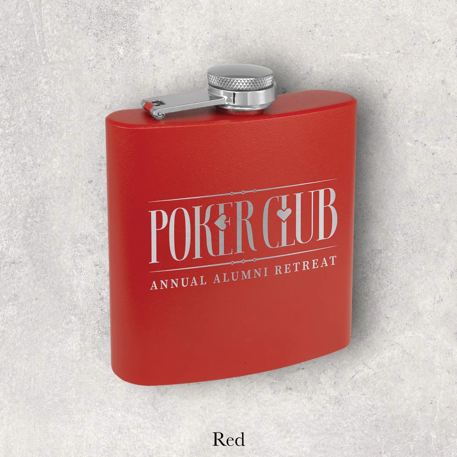 Red 6oz metal flask engraved with Poker Club Annual Alumni Retreat logo, engraved by Lazeric