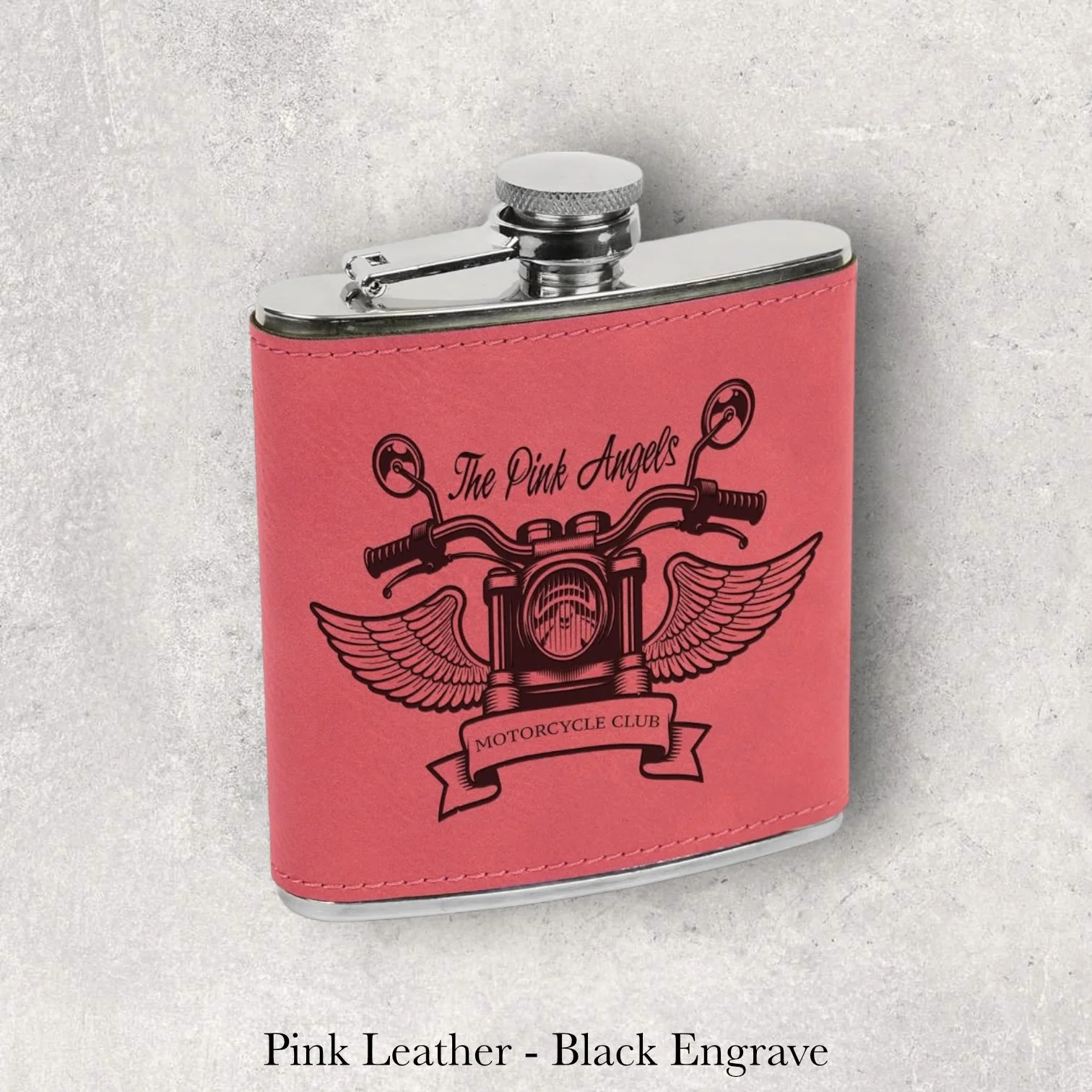 Pink leather 6oz flask with The Pink Angels motorcycle club logo, black laser engraving, engraved by Lazeric