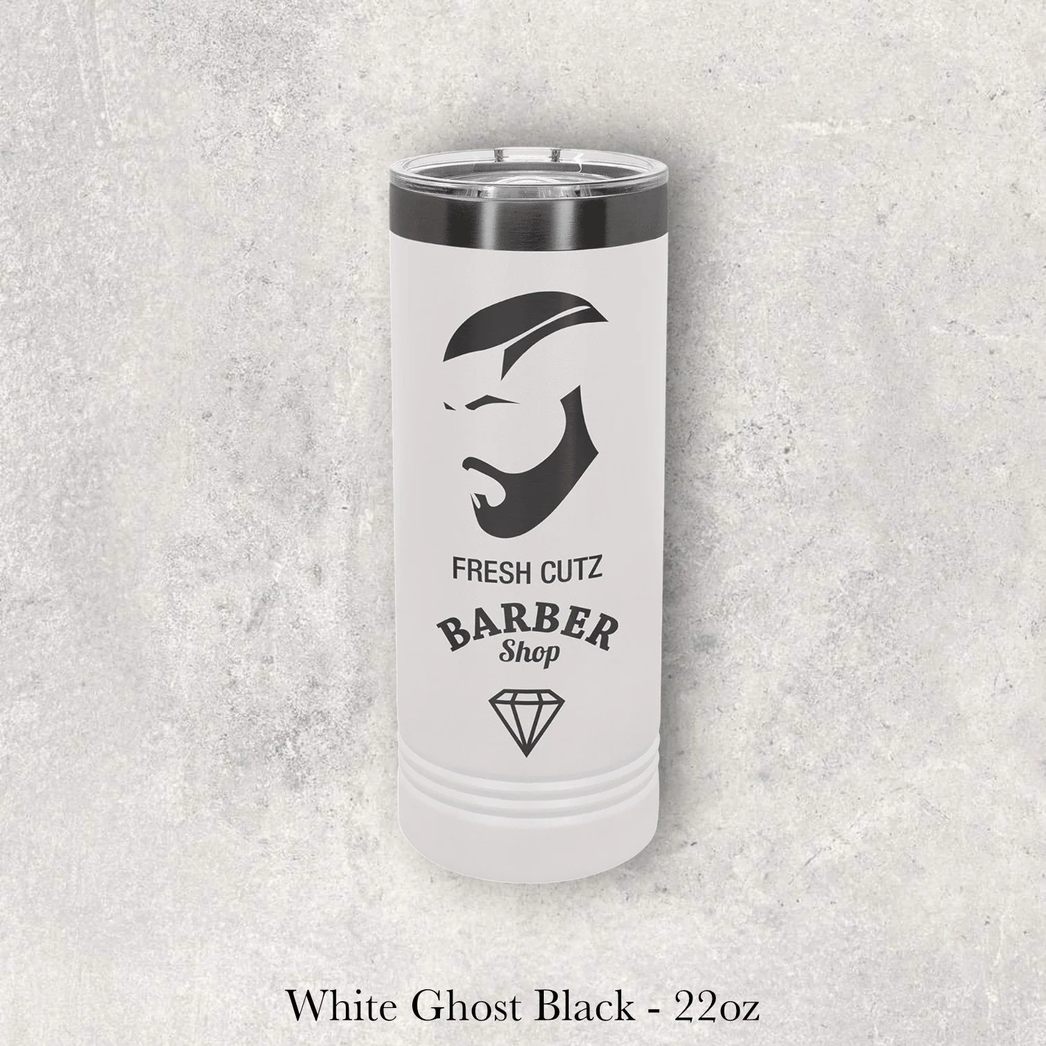 White Ghost Black – 22oz tumbler with barber logo reading “Fresh Cutz Barber Shop” and beard graphic, engraved by Lazeric.