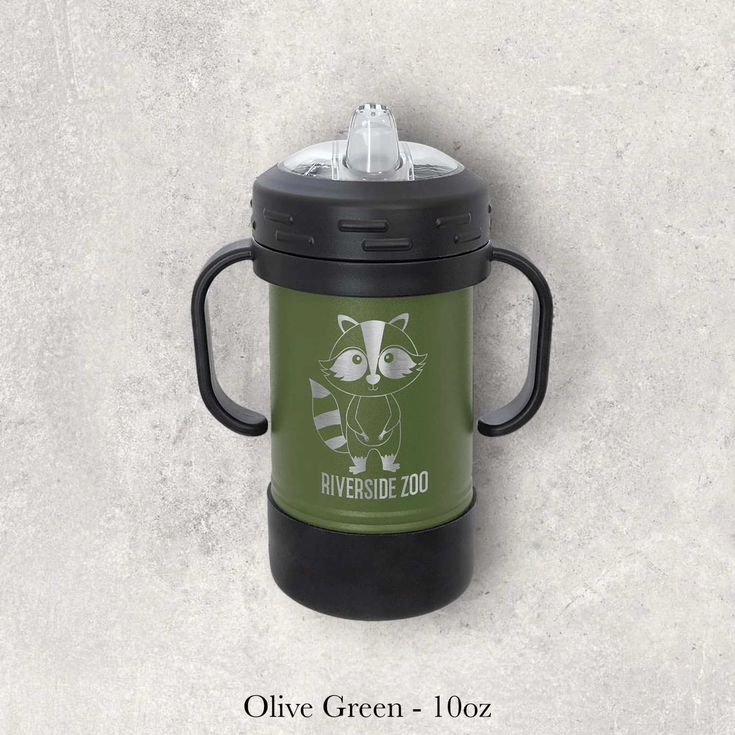 Olive green – 10oz metal sippy cup engraved with raccoon illustration and “Riverside Zoo” text, custom laser engraved by Lazeric.