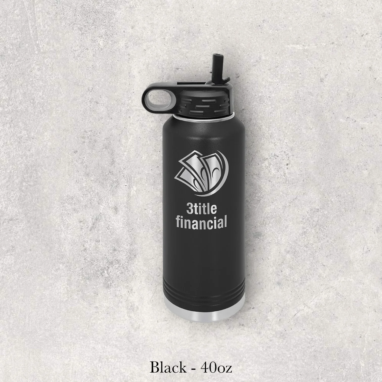 Black 40oz metal water bottle engraved by Lazeric featuring a stylized financial logo with abstract money