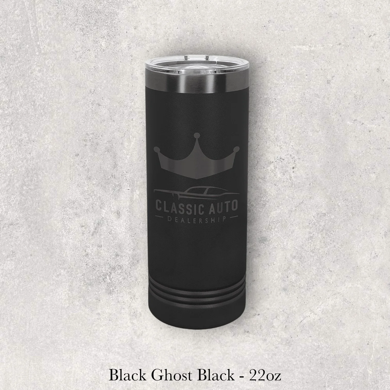 Black Ghost Black – 22oz tumbler with crown logo and text reading “Classic Auto Dealership,” engraved by Lazeric.