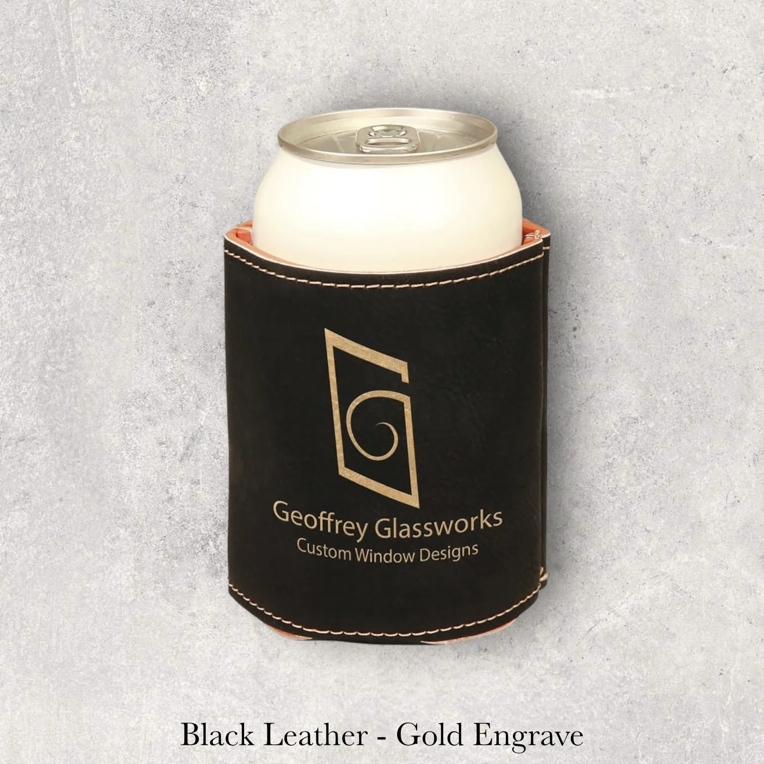 Laser engraved black leather can coozie with Geoffrey Glassworks logo, engraved by Lazeric