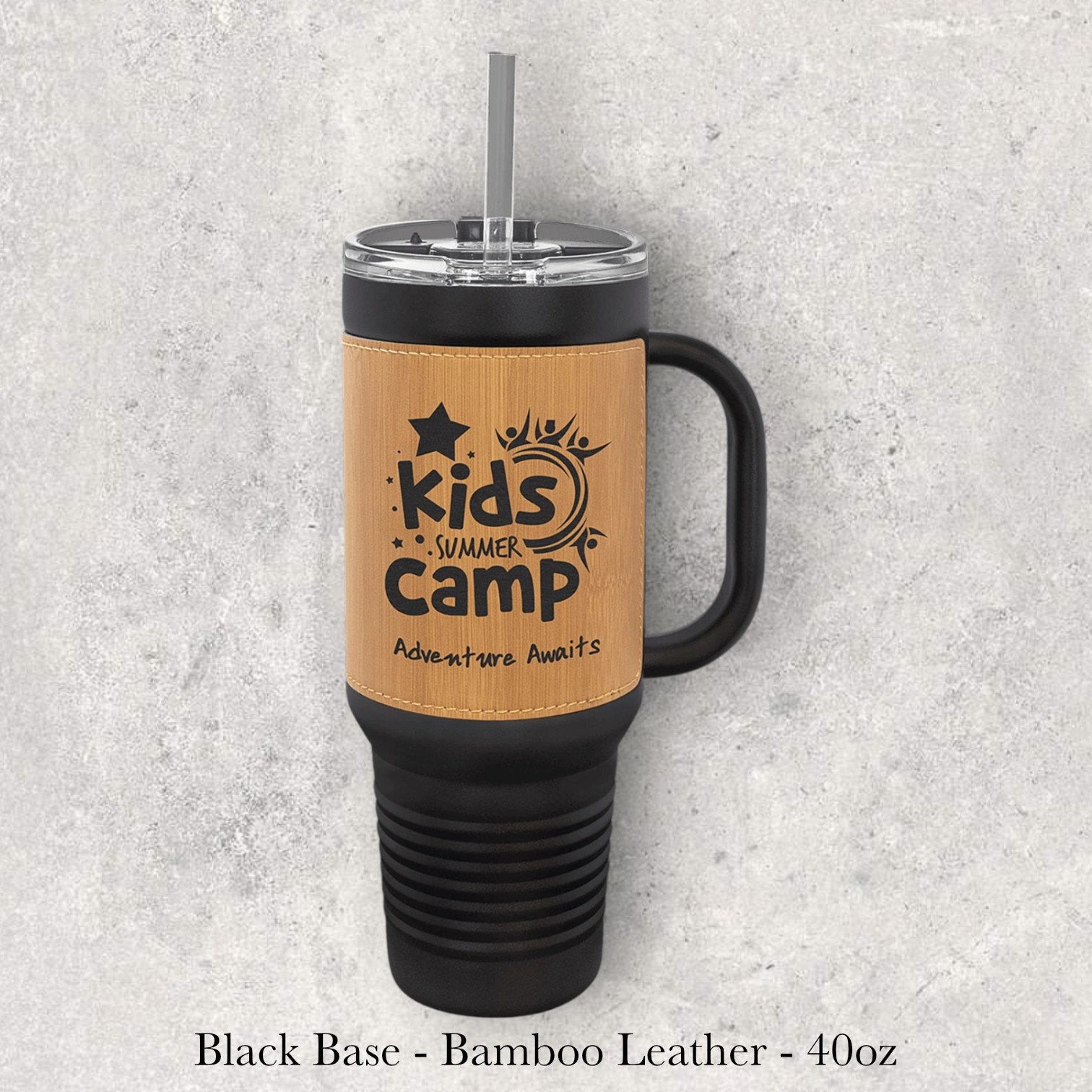 Black base bamboo leather 40oz travel mug with Kids Summer Camp logo and star graphic, engraved by Lazeric