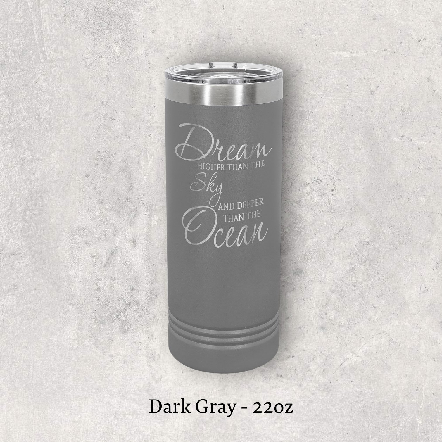 Laser engraved dark gray 22oz skinny tumbler with lid – Lazeric