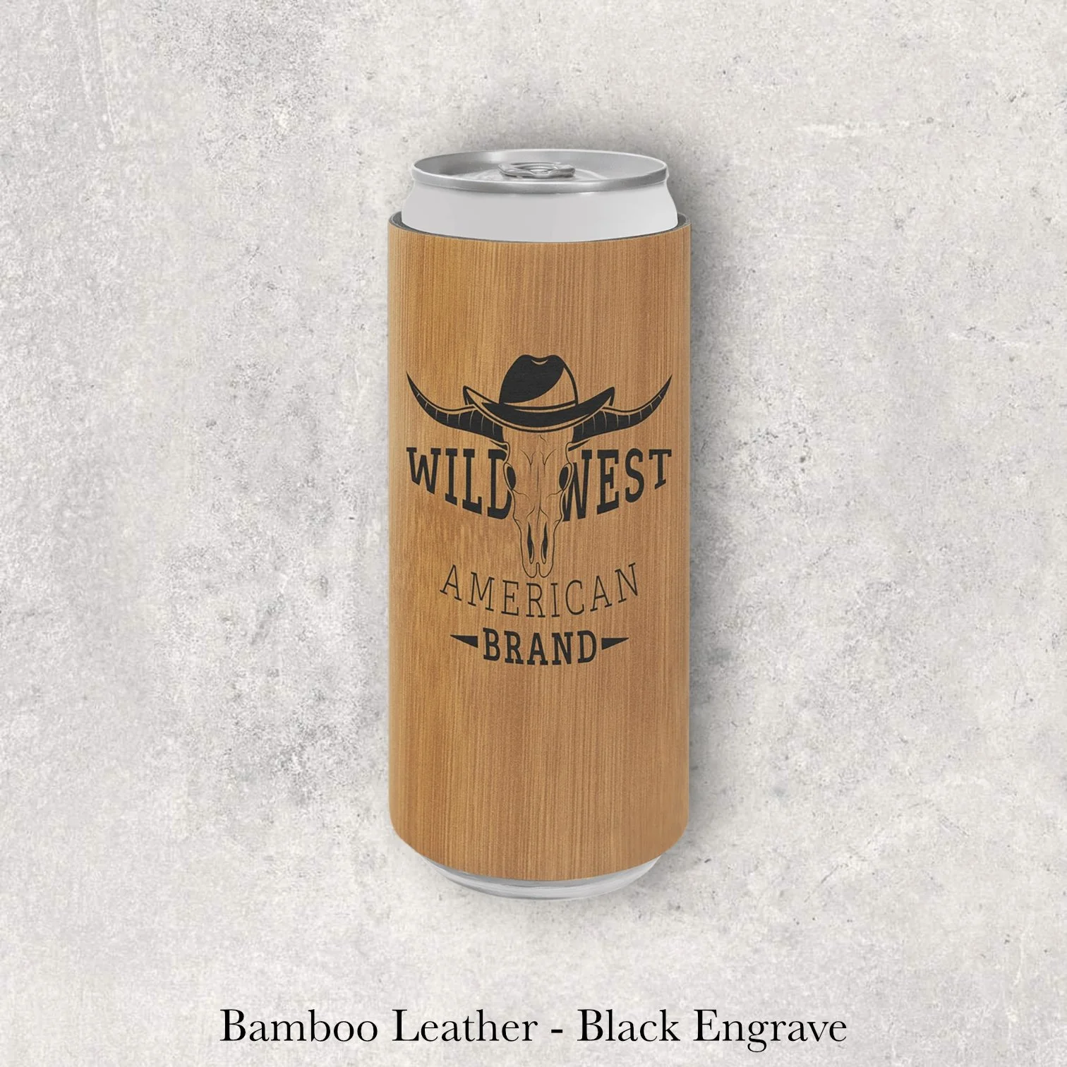Bamboo leather slim can coozie with black laser-engraved Wild West American Brand cowboy logo, engraved by Lazeric