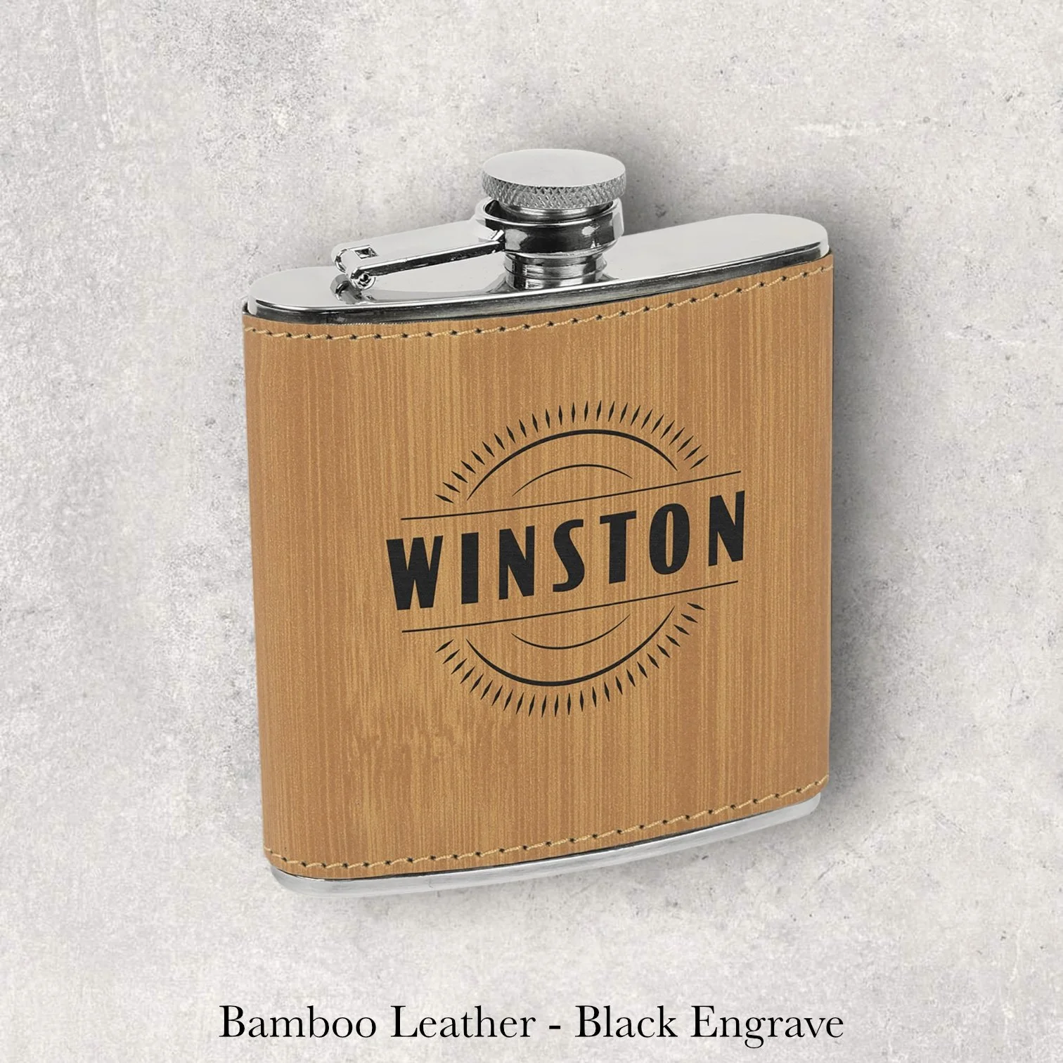 Bamboo leather 6oz flask with Winston name logo, black laser engraving, engraved by Lazeric