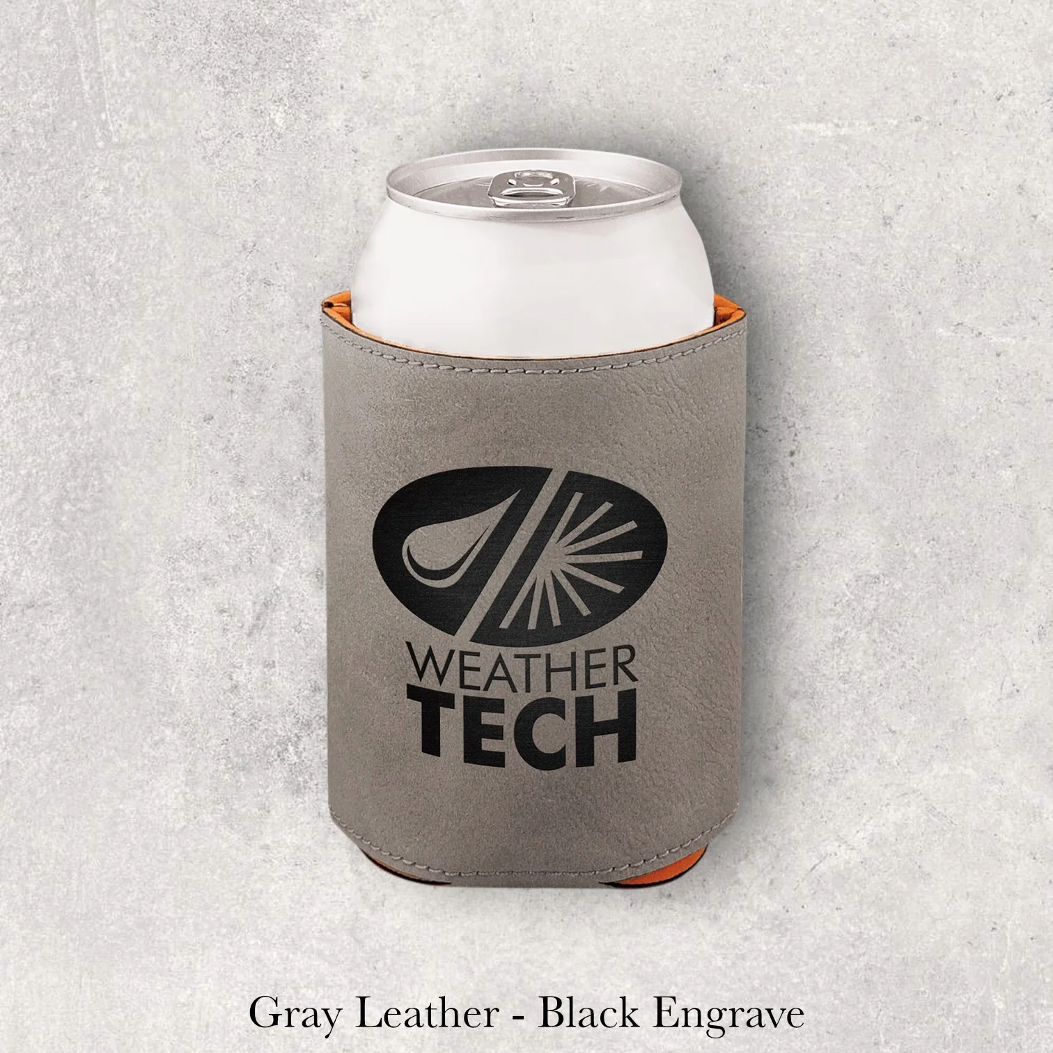 Laser engraved gray leather can coozie with WeatherTech logo, engraved by Lazeric