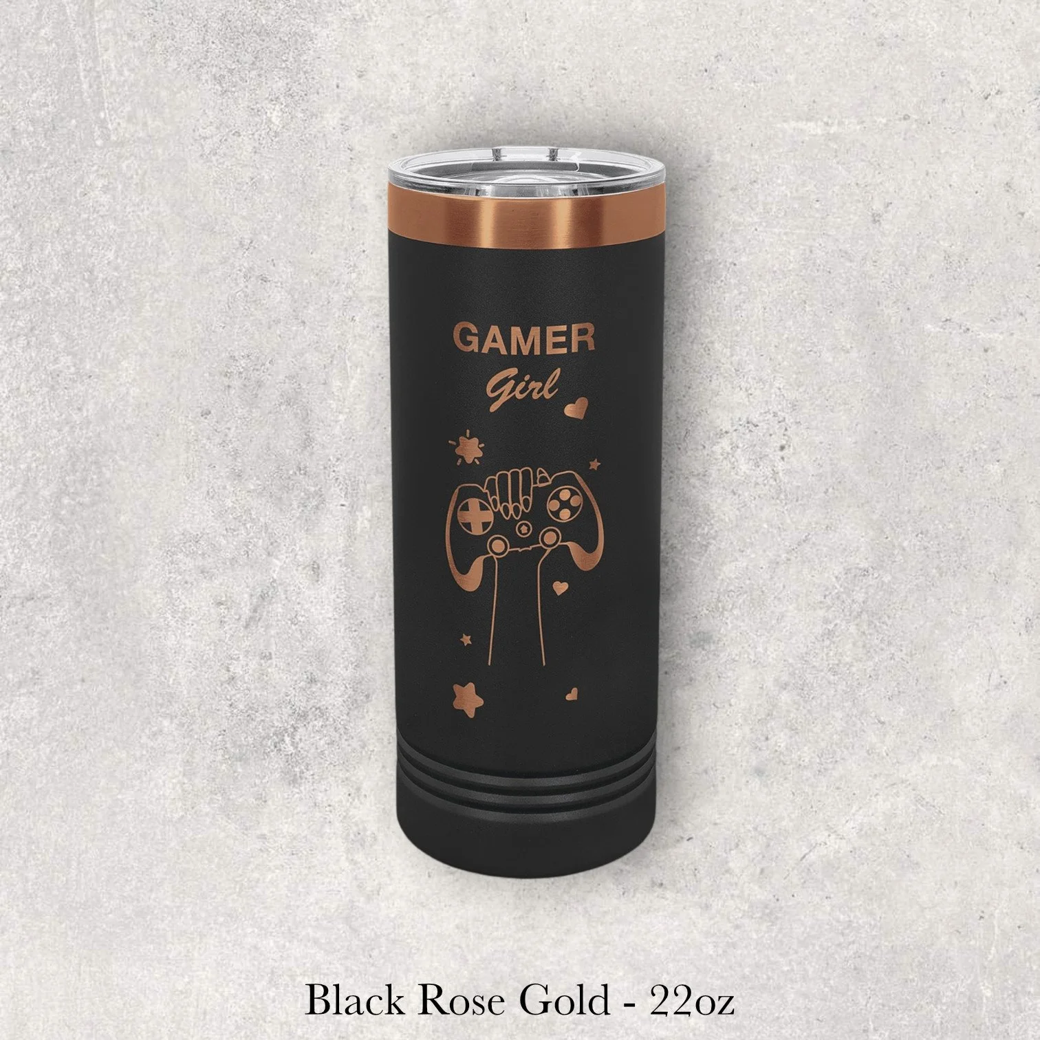 Black Rose Gold – 22oz tumbler with gamer themed design reading “Gamer Girl” and controller graphic, engraved by Lazeric.