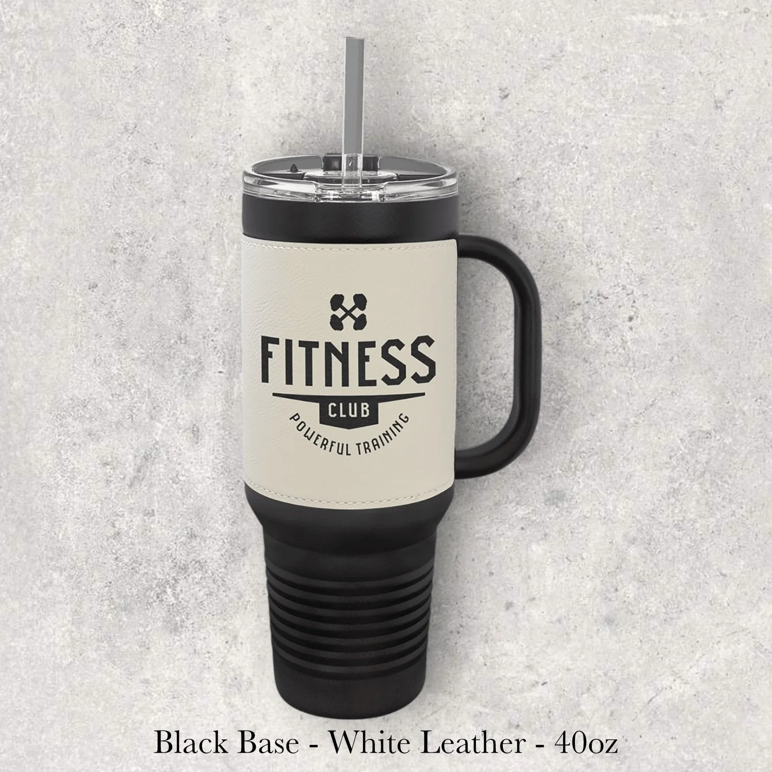 Black base white leather 40oz travel mug with Fitness Club logo and crossed dumbbells, engraved by Lazeric