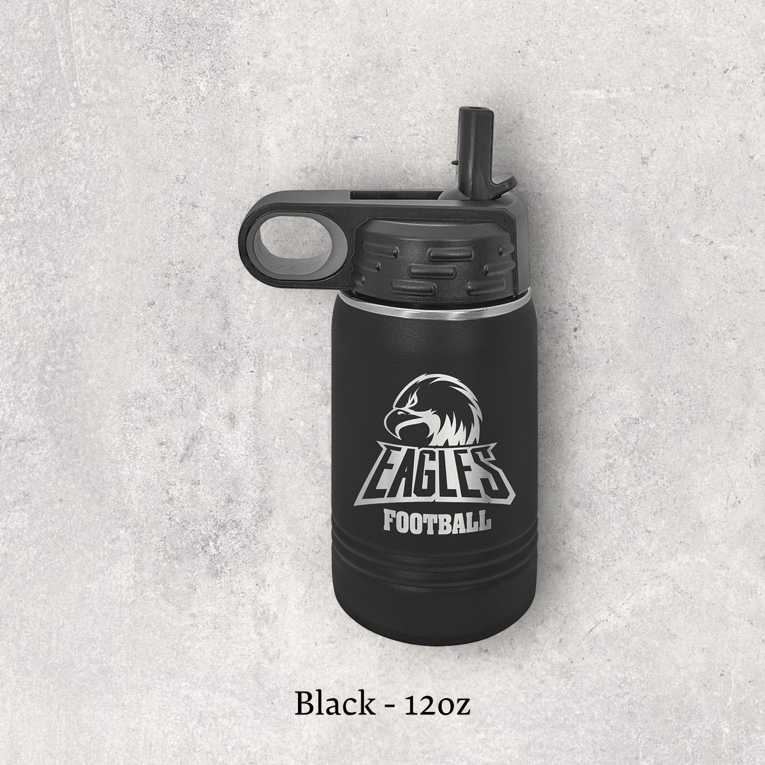 Laser engraved black 12oz stainless steel water bottle with lid – Lazeric