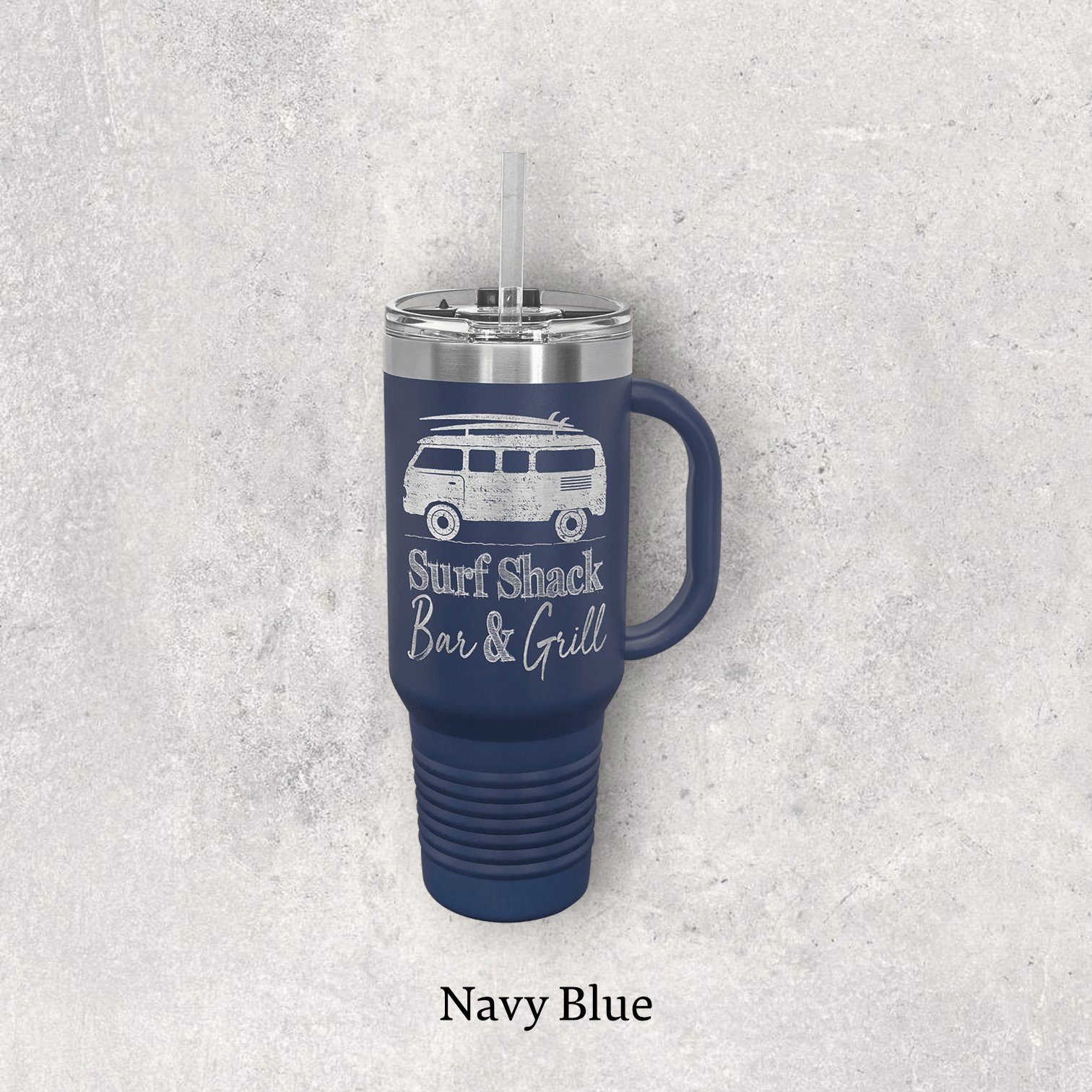Laser engraved 40oz travel mug, navy blue color – Lazeric