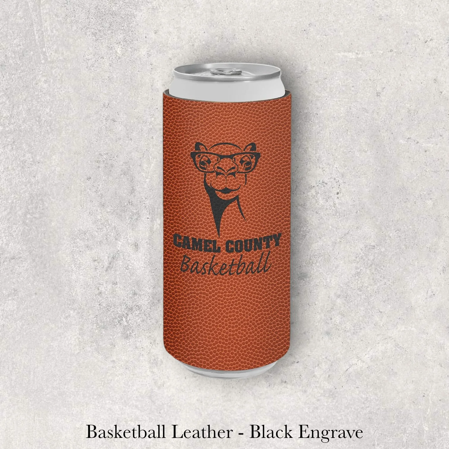 Basketball leather slim can coozie with black laser-engraved Camel County Basketball mascot logo, engraved by Lazeric