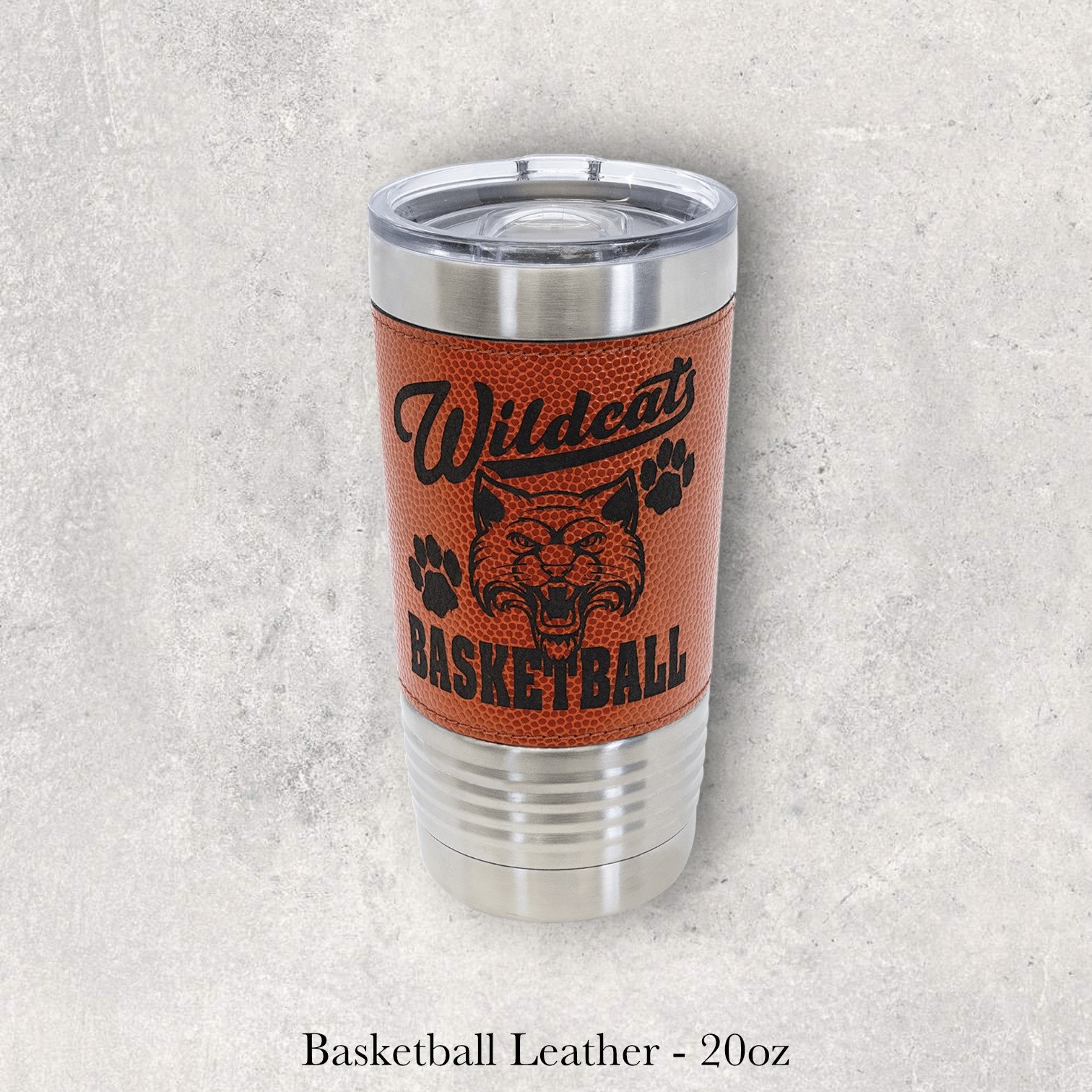 Silver base basketball leather 20oz tumbler with Wildcat Basketball mascot logo, engraved by Lazeric
