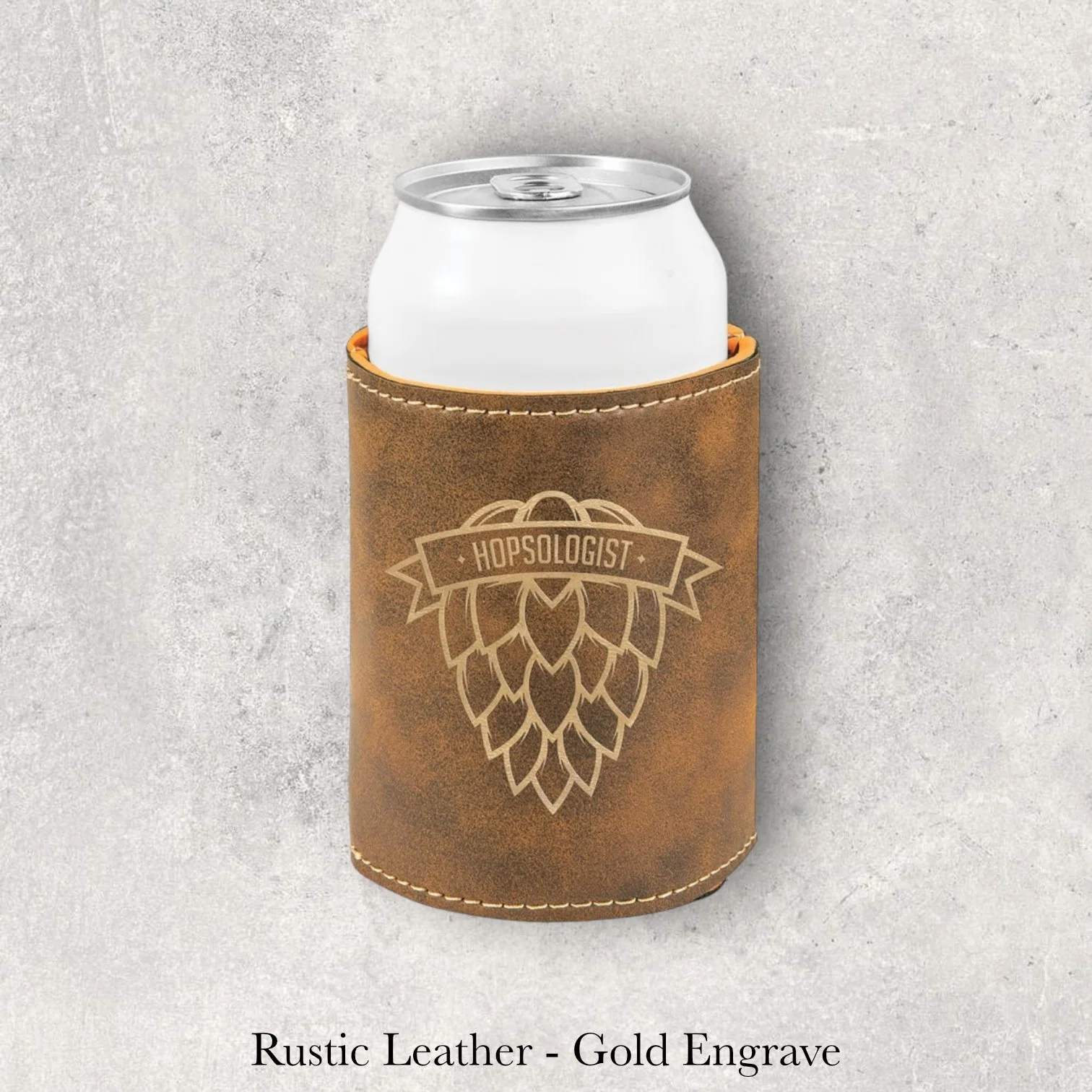 Laser engraved rustic leather can coozie with hops and brewery logo, engraved by Lazeric