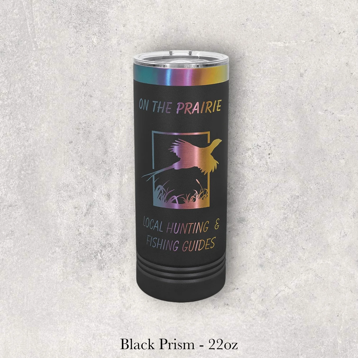 Black Prism – 22oz tumbler with On the Prairie logo featuring bird graphic and hunting guide text, engraved by Lazeric.