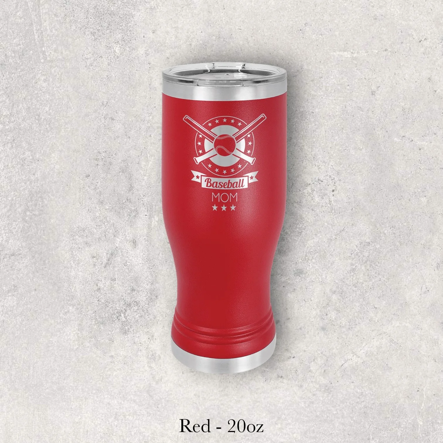 Red 20oz pilsner-style tumbler engraved by Lazeric with a “Baseball Mom” graphic.