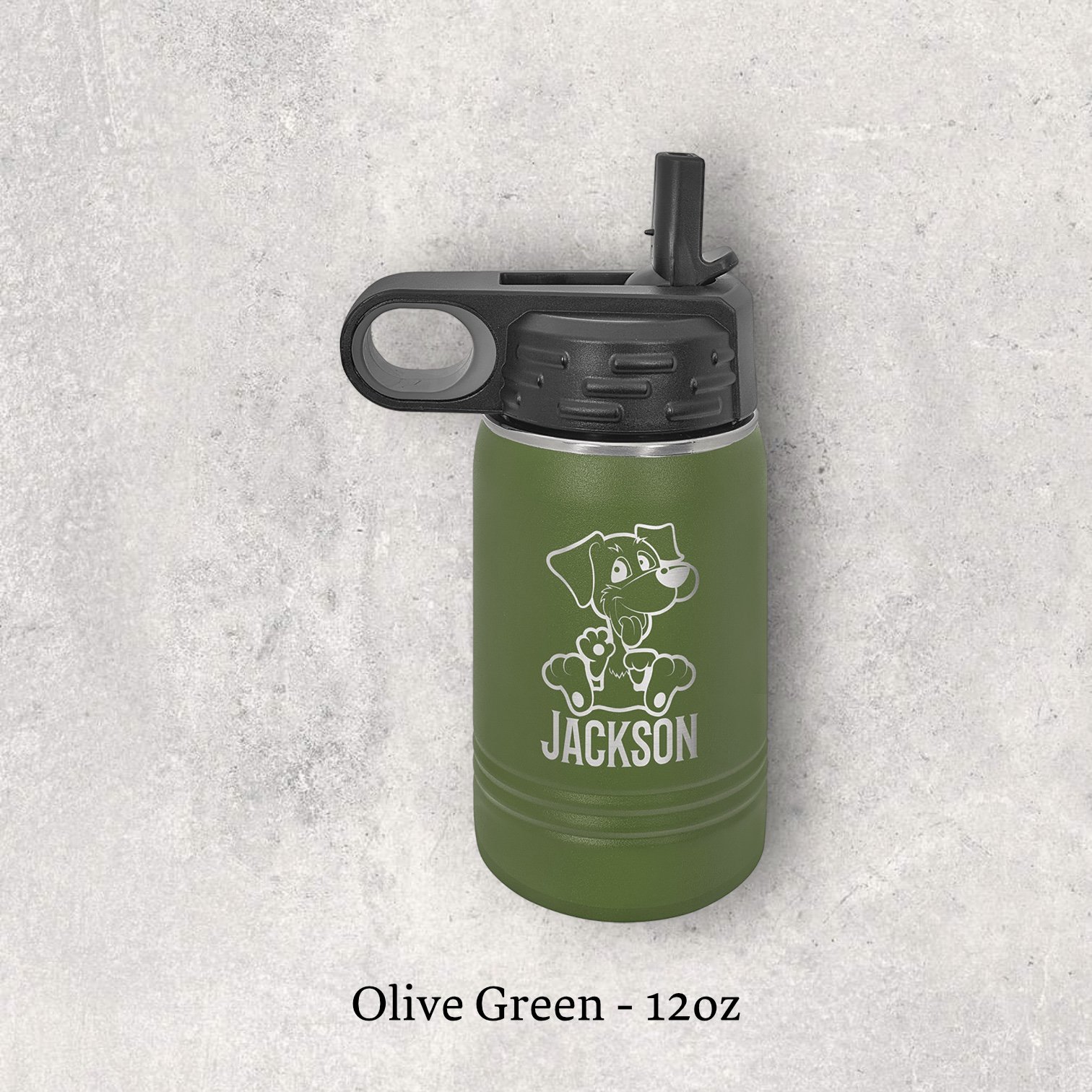 Laser engraved olive green 12oz stainless steel water bottle with lid – Lazeric