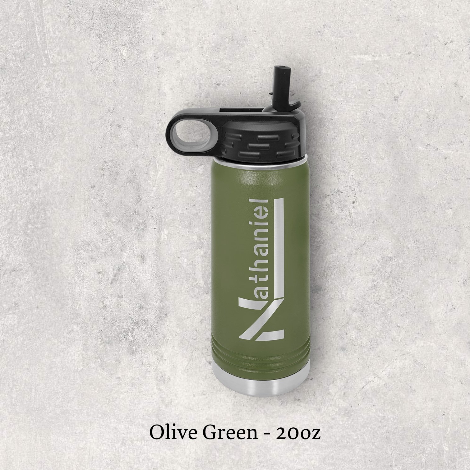 Laser engraved olive green 20oz stainless steel water bottle with lid – Lazeric