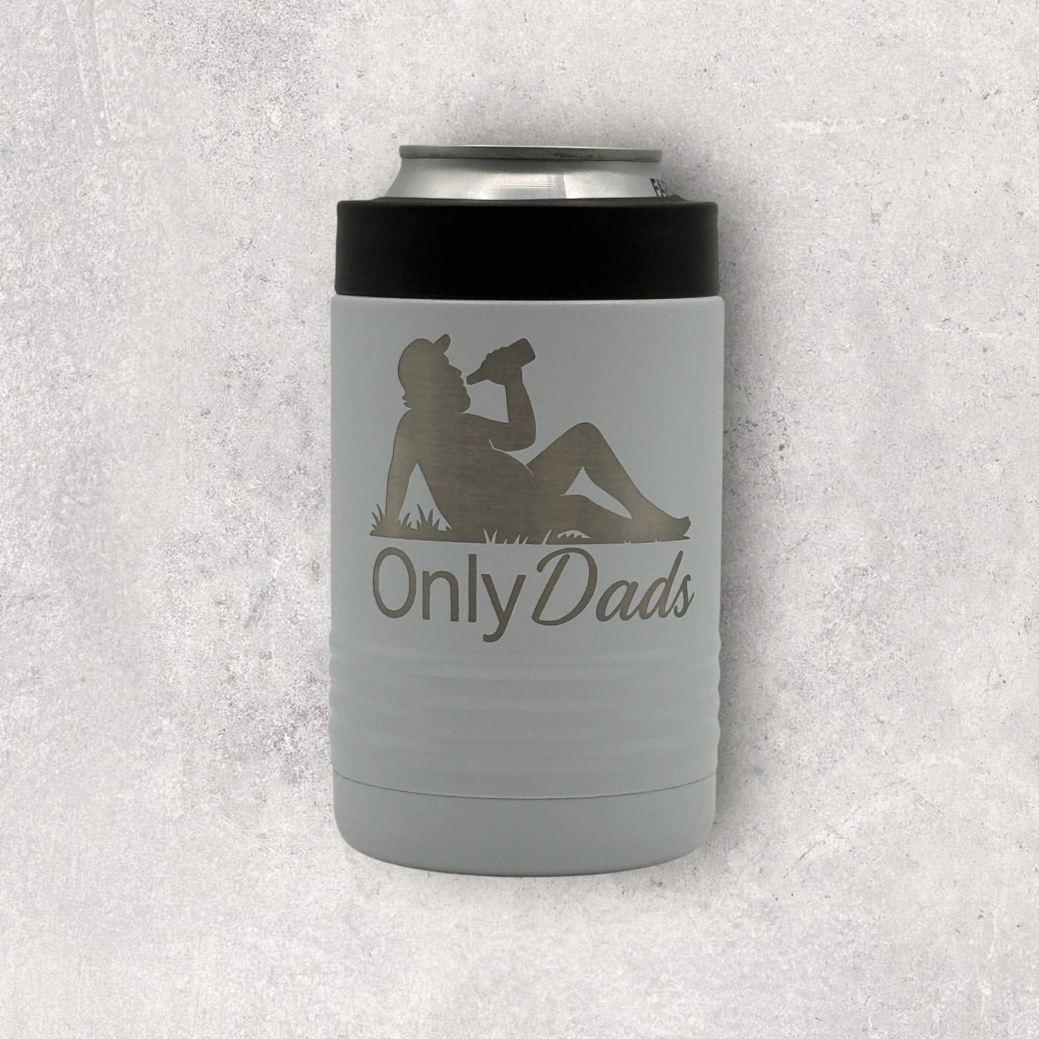 Laser engraved “Only Dads” white metal can holder for 12oz cans, bottles, and 16oz tall boys, parody gift from Lazeric