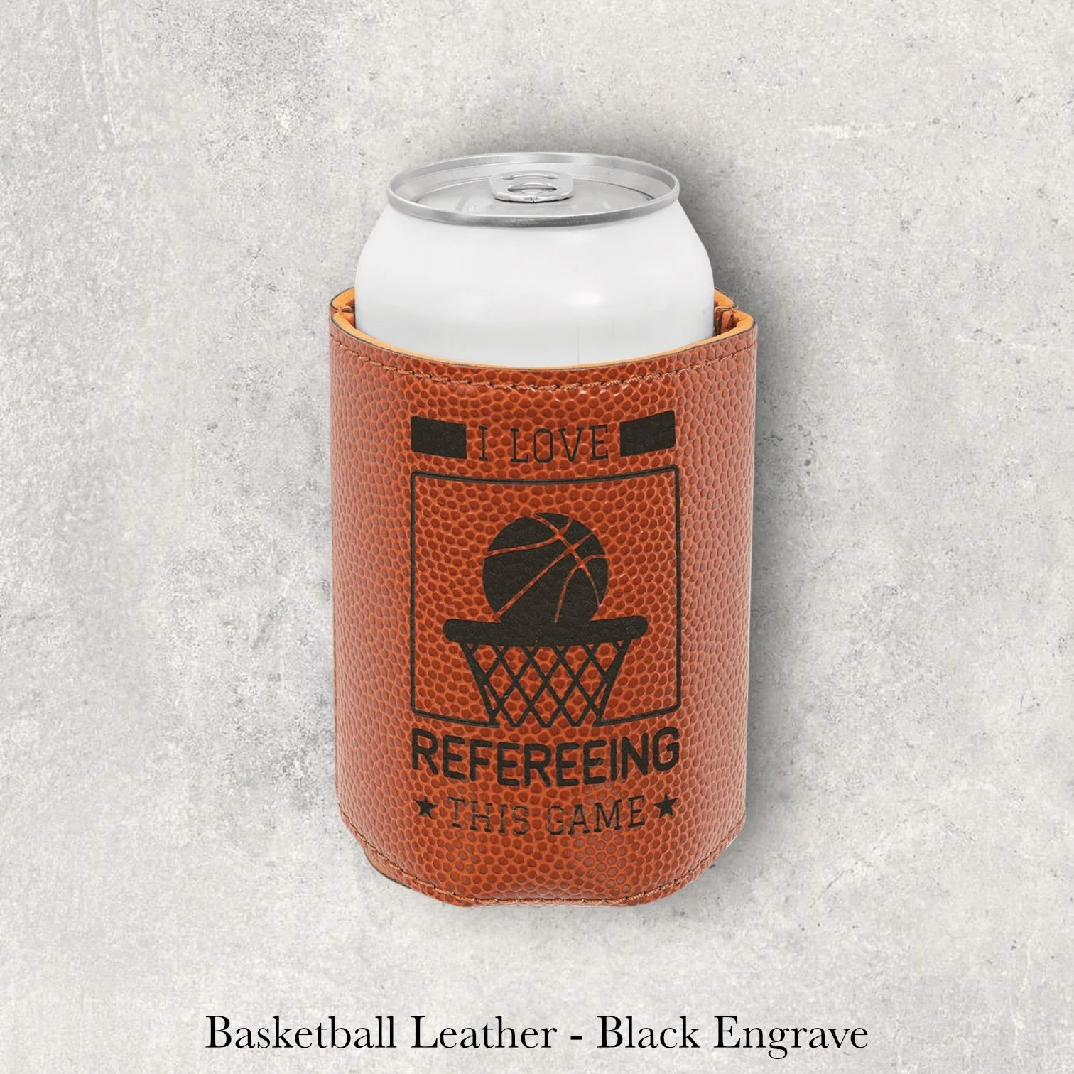 Laser engraved basketball-textured leather can coozie with referee basketball graphic, engraved by Lazeric