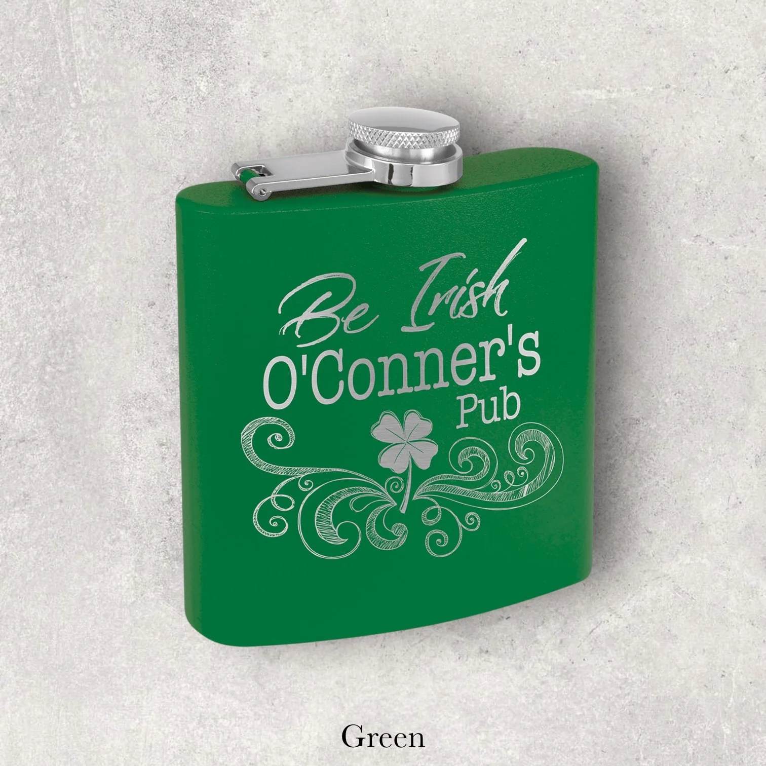 Green 6oz metal flask engraved with Be Irish O’Conner’s Pub shamrock design, engraved by Lazeric