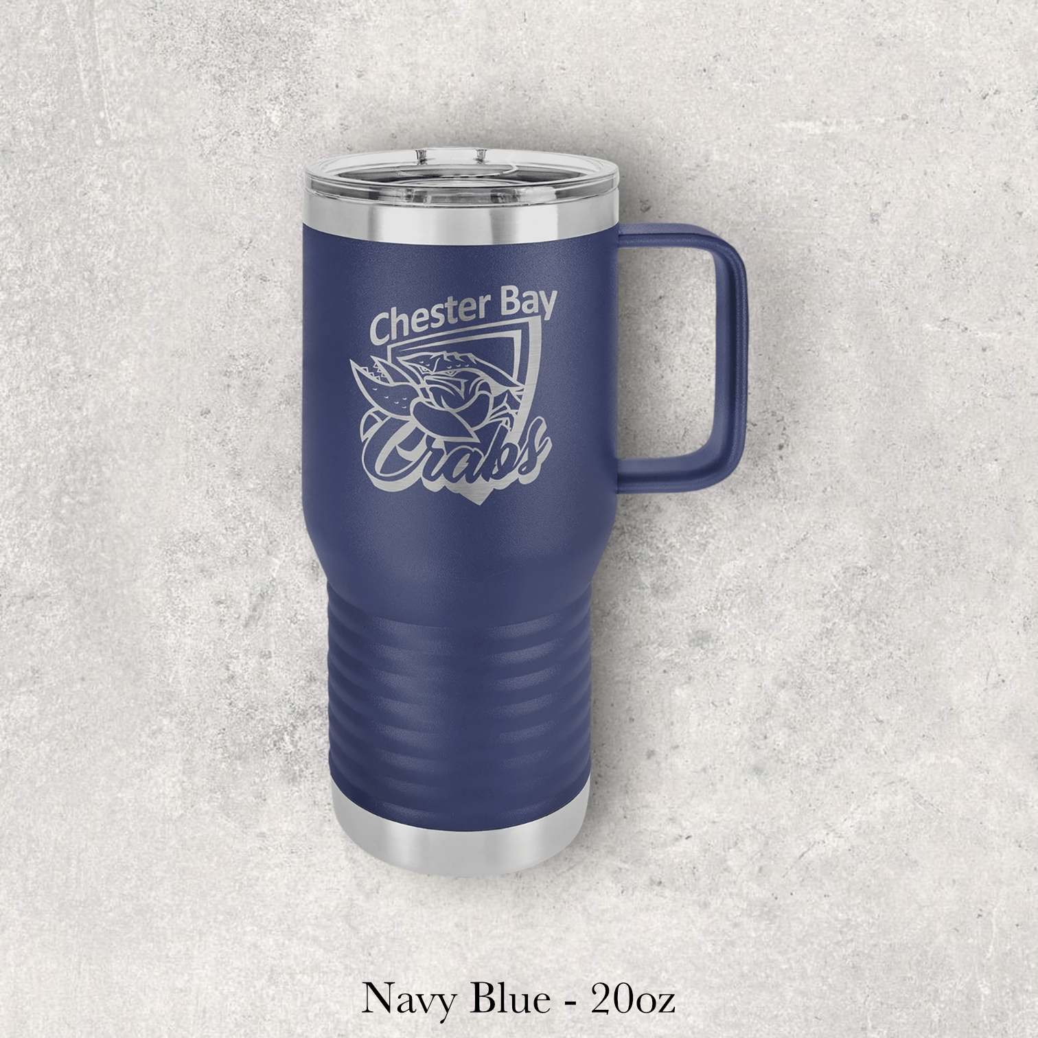 Navy blue 20oz metal coffee cup engraved with Chester Bay Eagles logo, insulated travel mug with handle, engraved by Lazeric