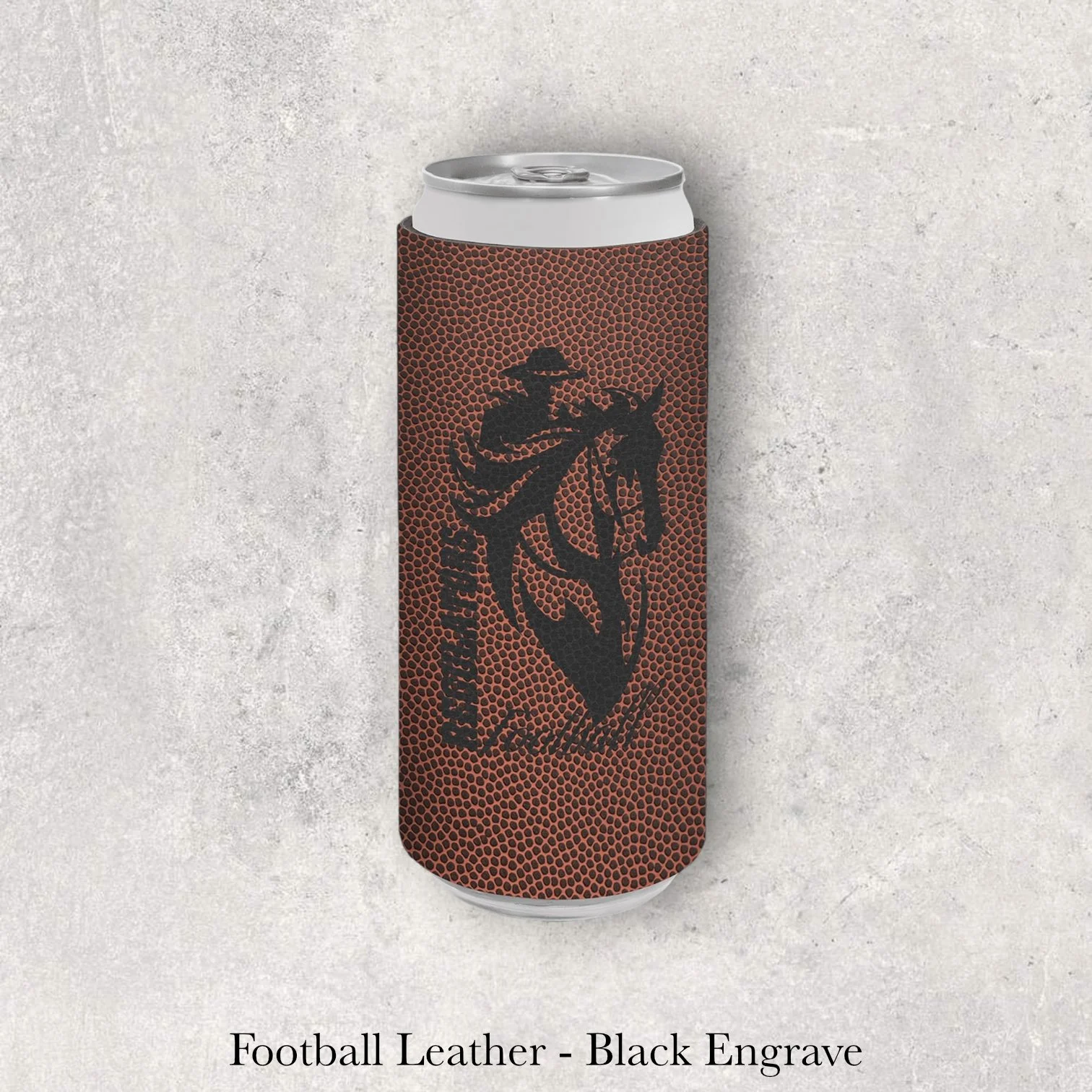 Football leather slim can coozie with black laser-engraved horse head graphic, engraved by Lazeric