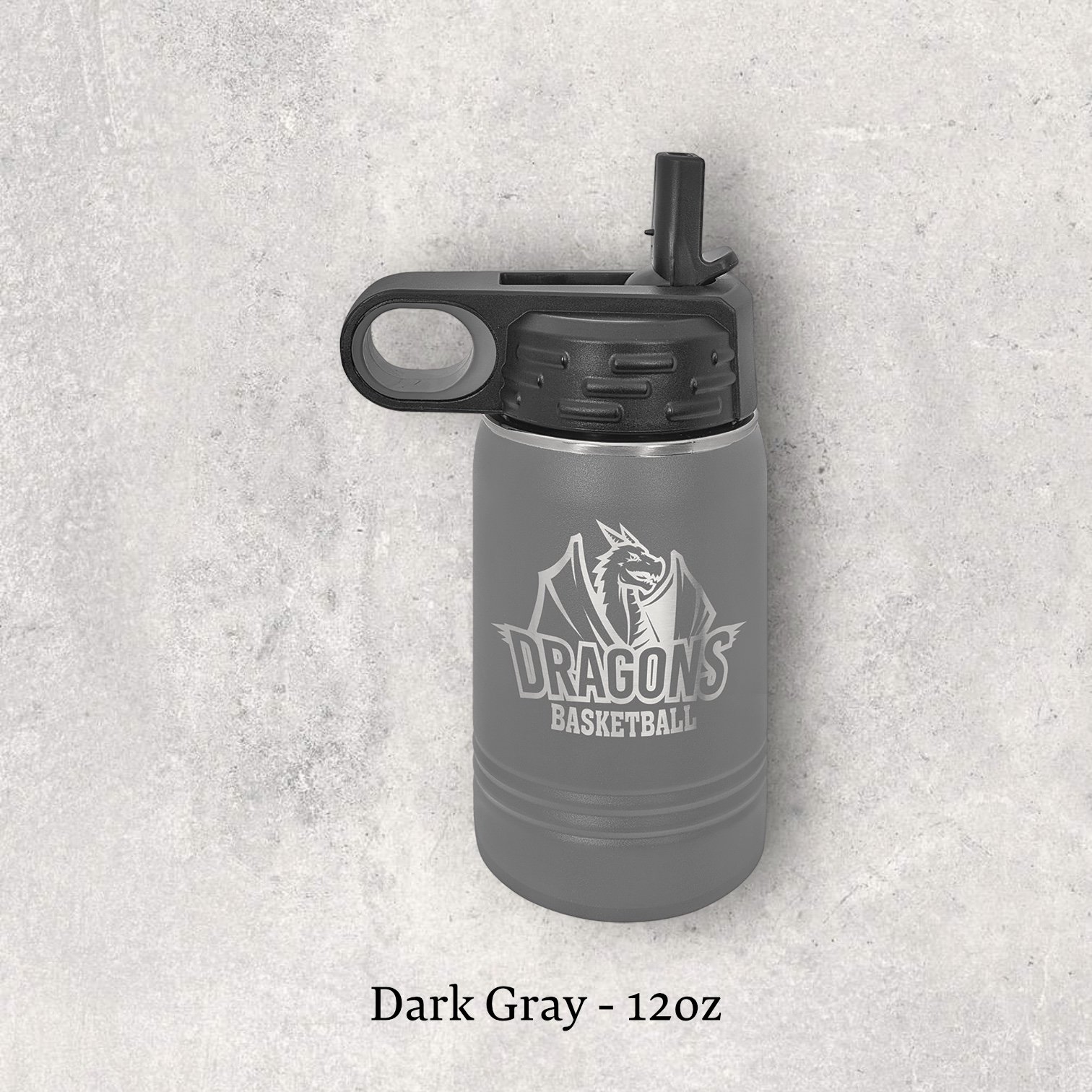 Laser engraved dark gray 12oz stainless steel water bottle with lid – Lazeric