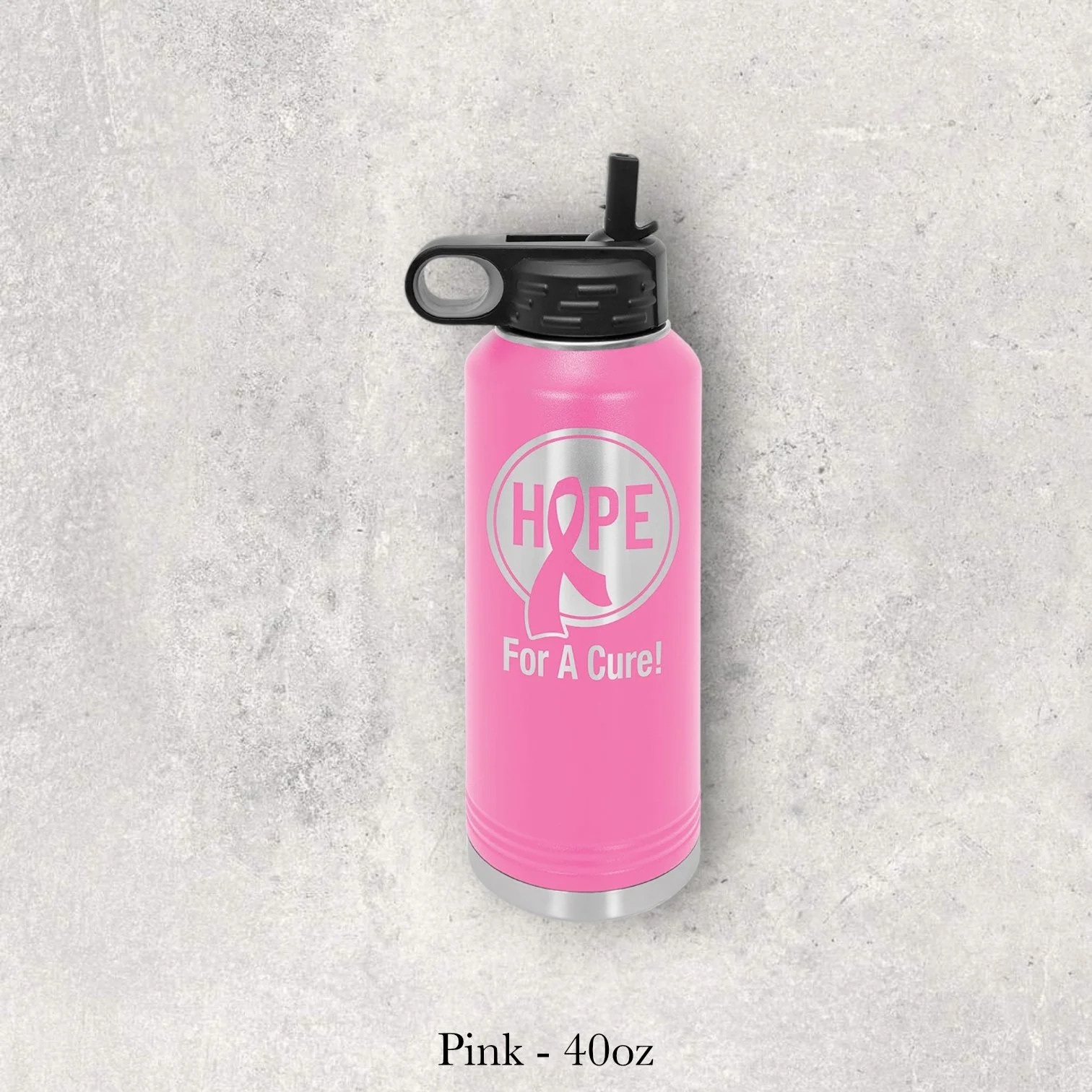 Pink 40oz metal water bottle engraved by Lazeric displaying a breast cancer awareness ribbon and supportive text.