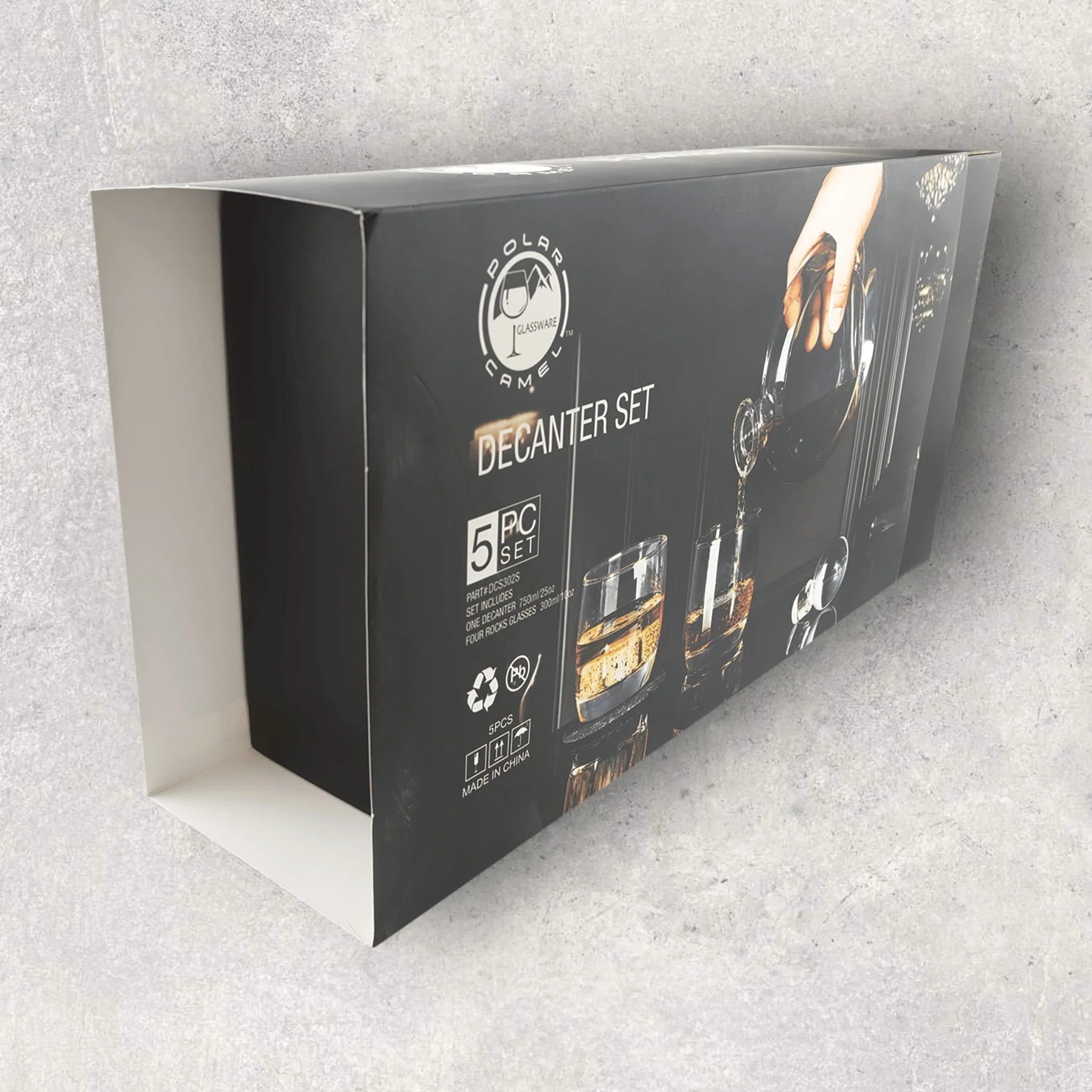 Side view of retail packaging for custom engraved decanter set, engraved by Lazeric