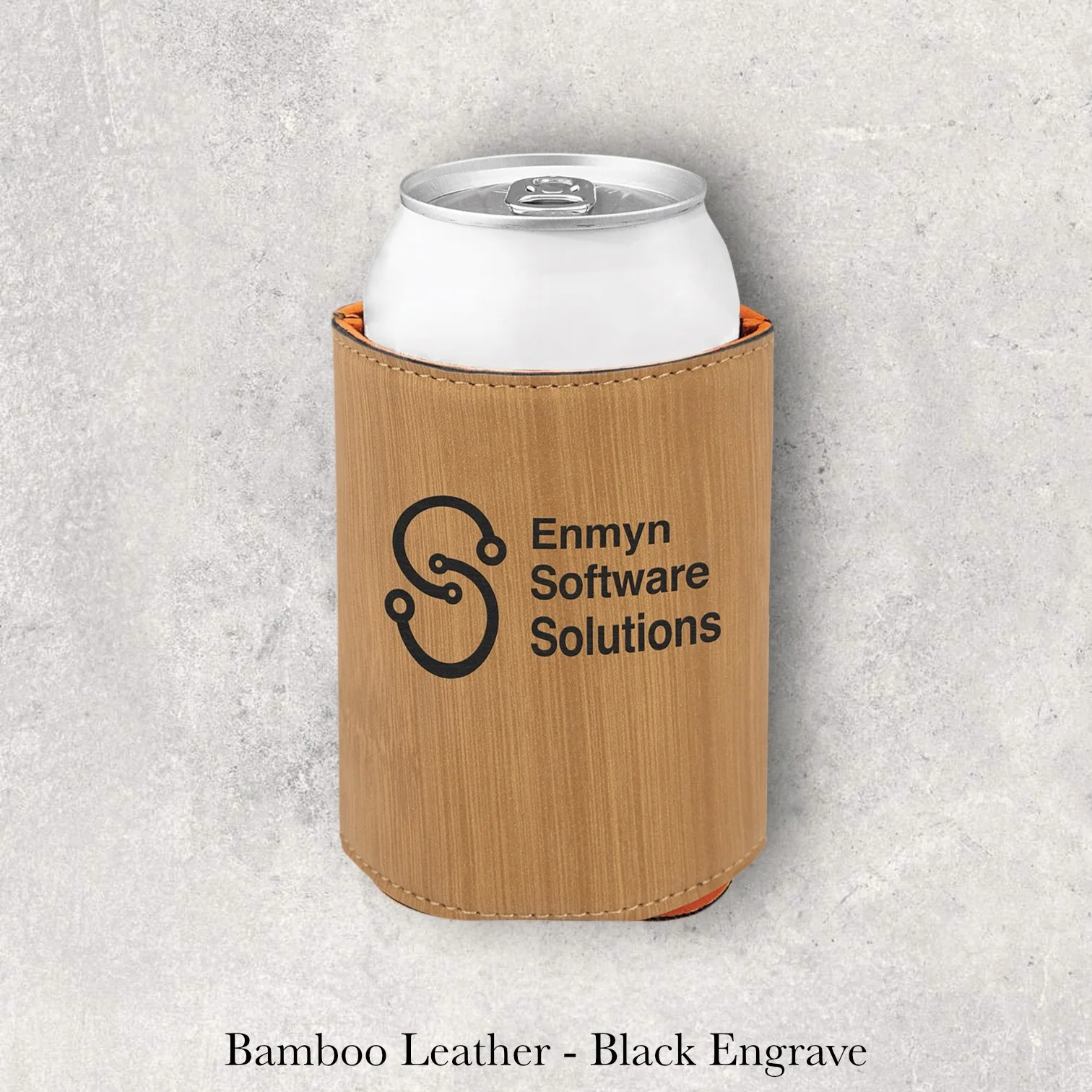 Laser engraved bamboo leather can coozie with Ennym Software Solutions logo, engraved by Lazeric