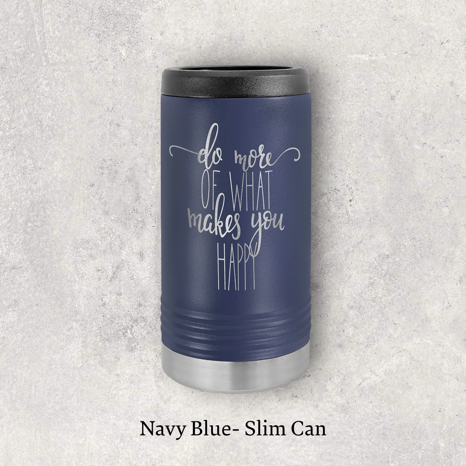 Laser engraved navy blue metal beverage holder for slim 12 oz can – Lazeric