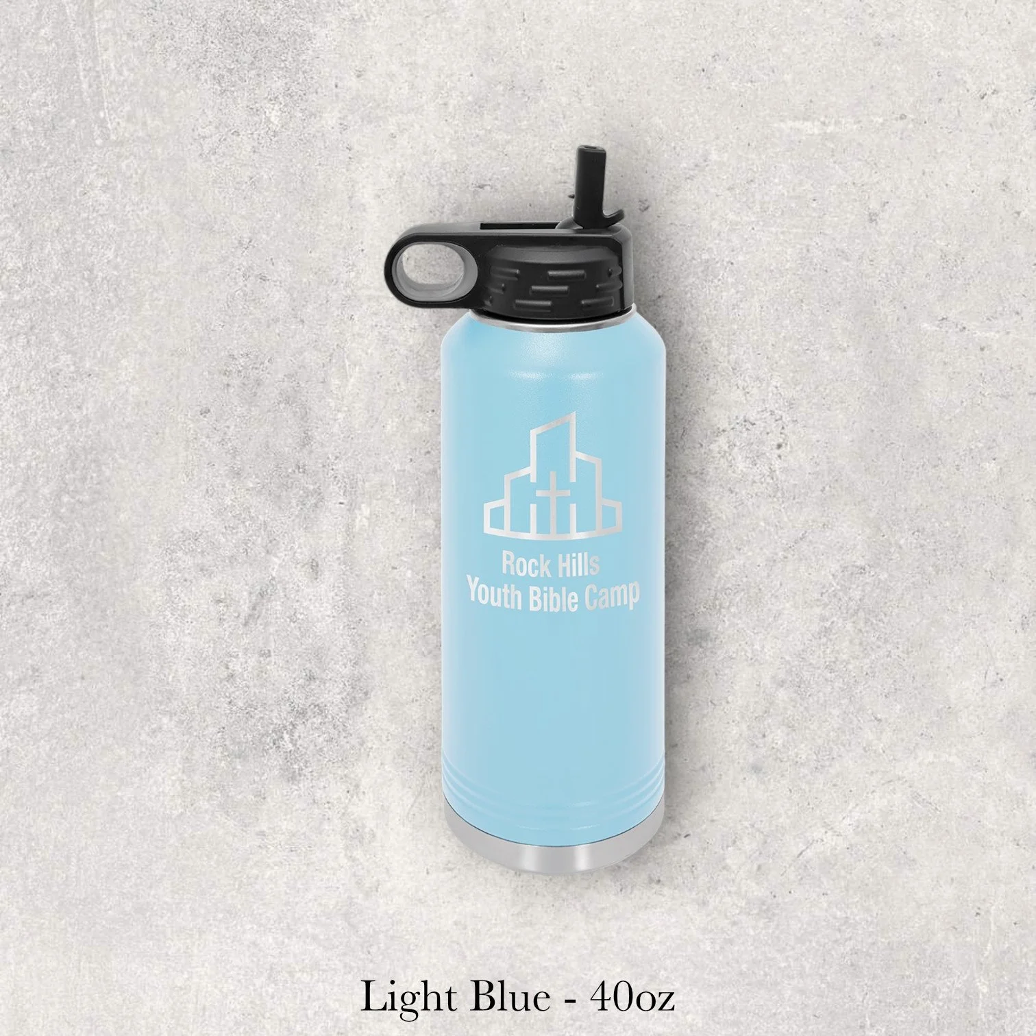 Light blue 40oz metal water bottle engraved by Lazeric featuring a city skyline logo with geometric building shapes.