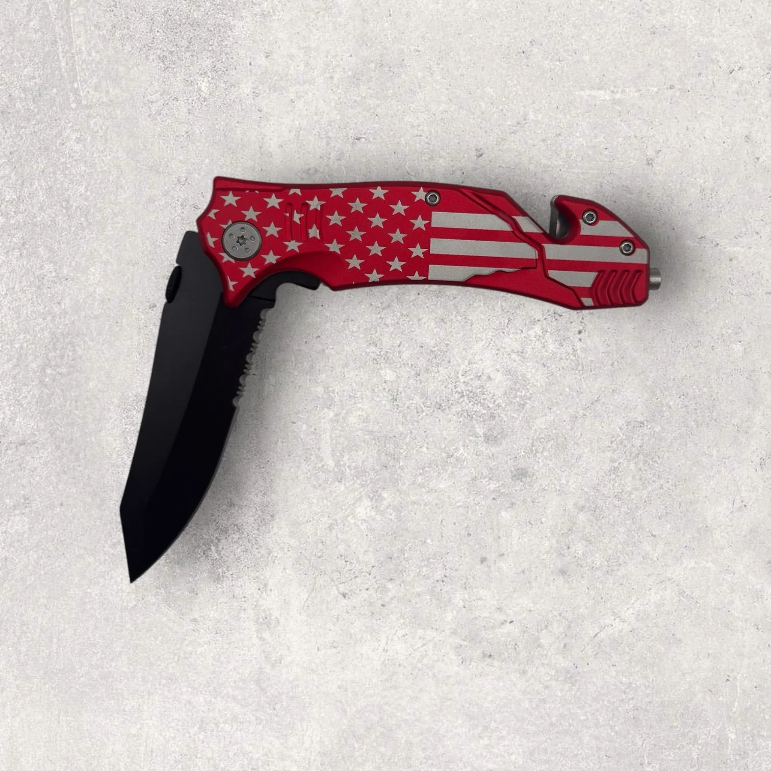 Laser-engraved folding knife with an American flag design etched into a red aluminum handle, featuring a black blade and custom patriotic engraving by Lazeric.
