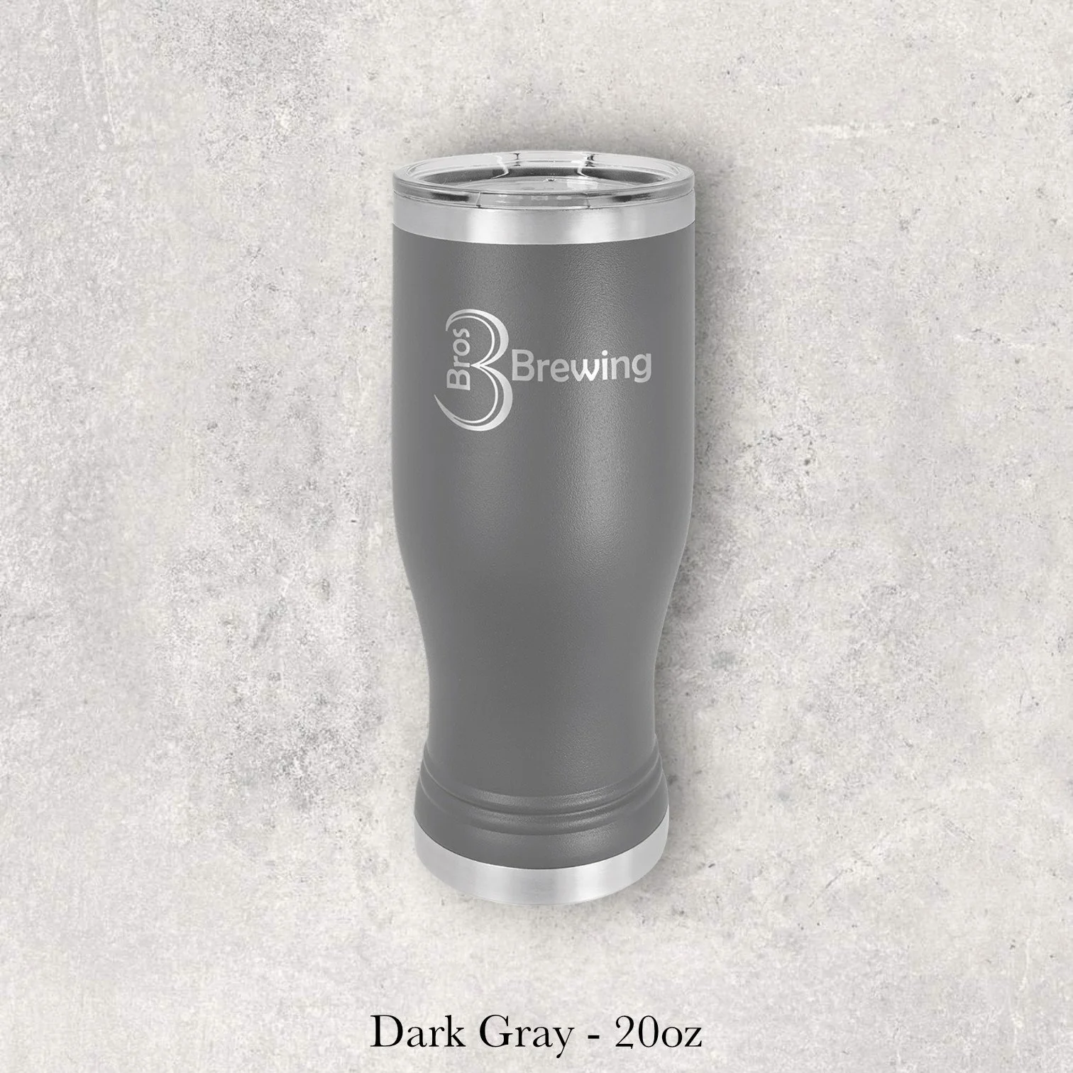 Dark gray 20oz pilsner-style tumbler engraved by Lazeric with the 3 Brewing logo.