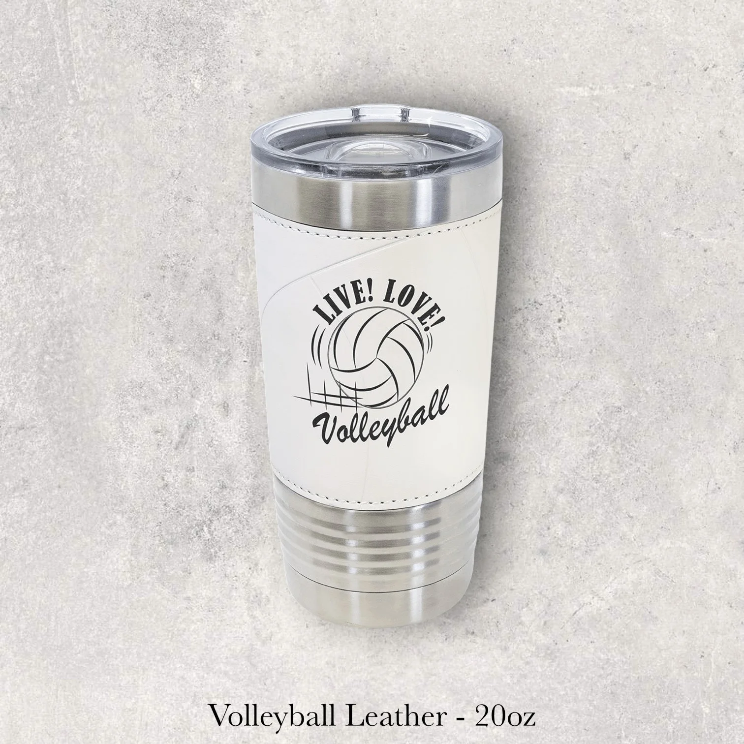 Silver base volleyball leather 20oz tumbler with “Live Love Volleyball” text and volleyball graphic, engraved by Lazeric