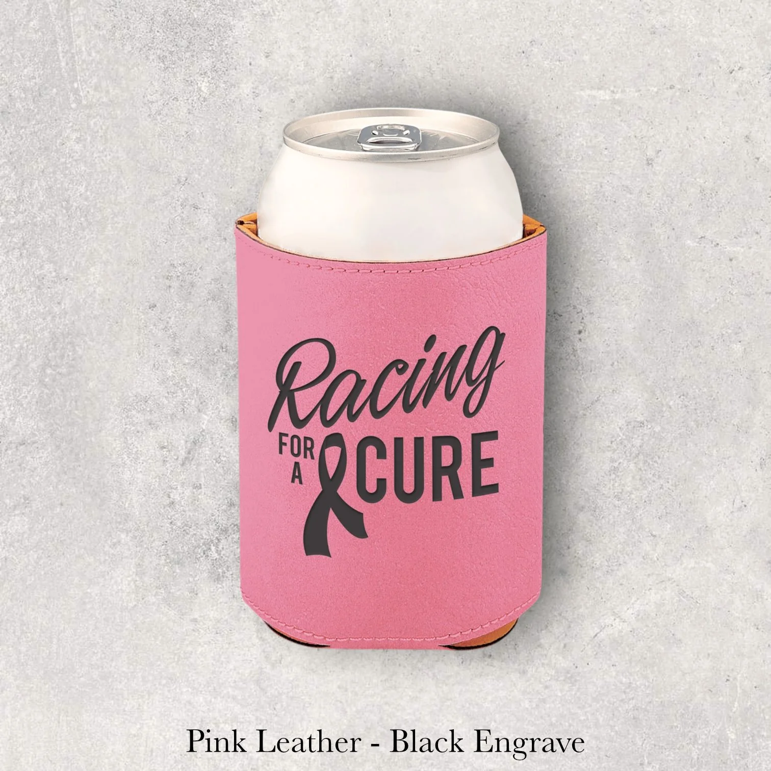 Laser engraved pink leather can coozie with Racing for a Cure logo, engraved by Lazeric
