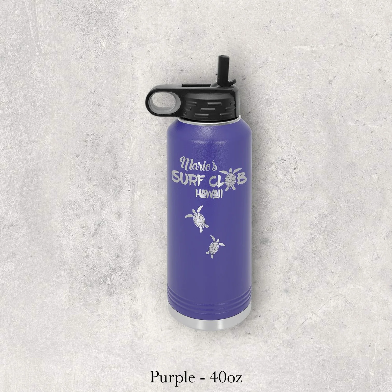 Purple 40oz metal water bottle engraved by Lazeric featuring a surf club logo with text and wave elements.