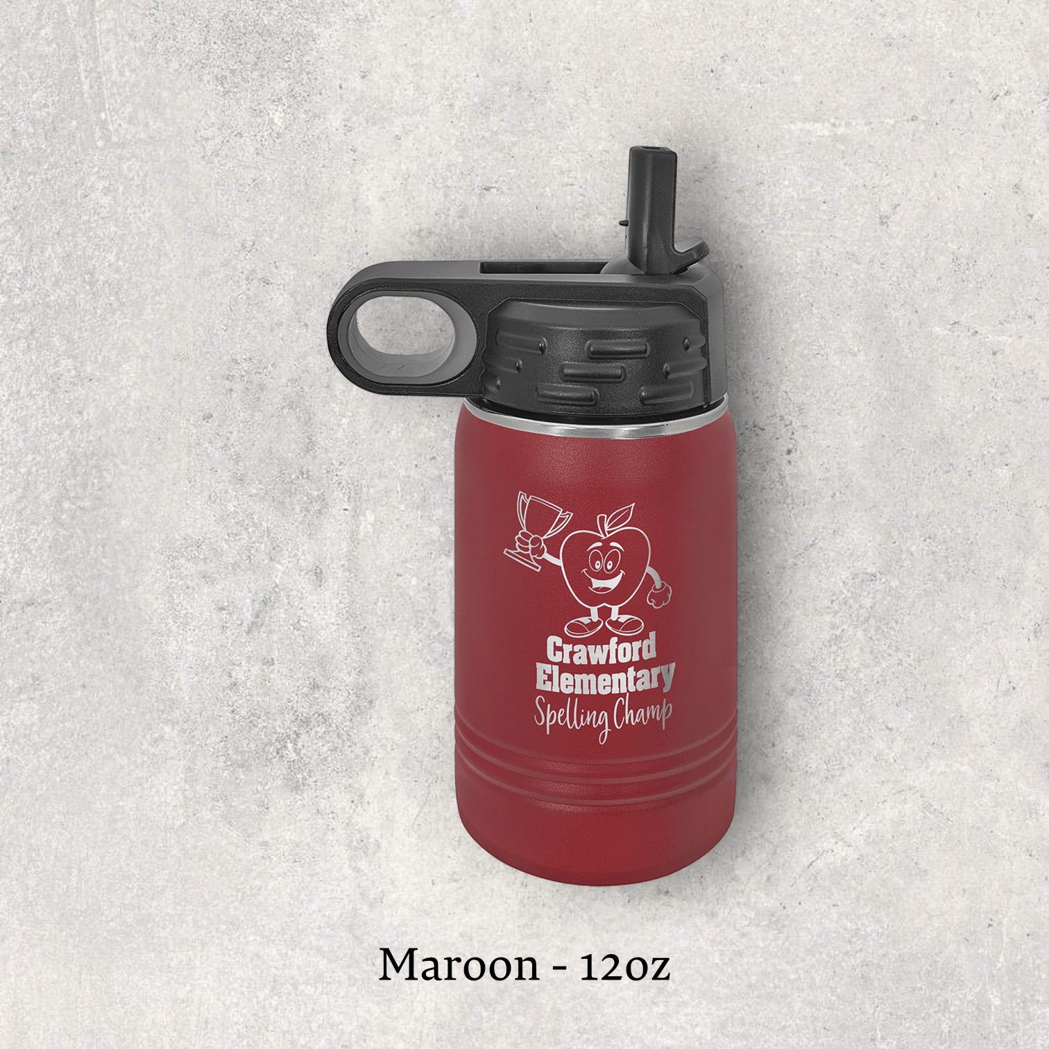 Laser engraved maroon 12oz stainless steel water bottle with lid – Lazeric