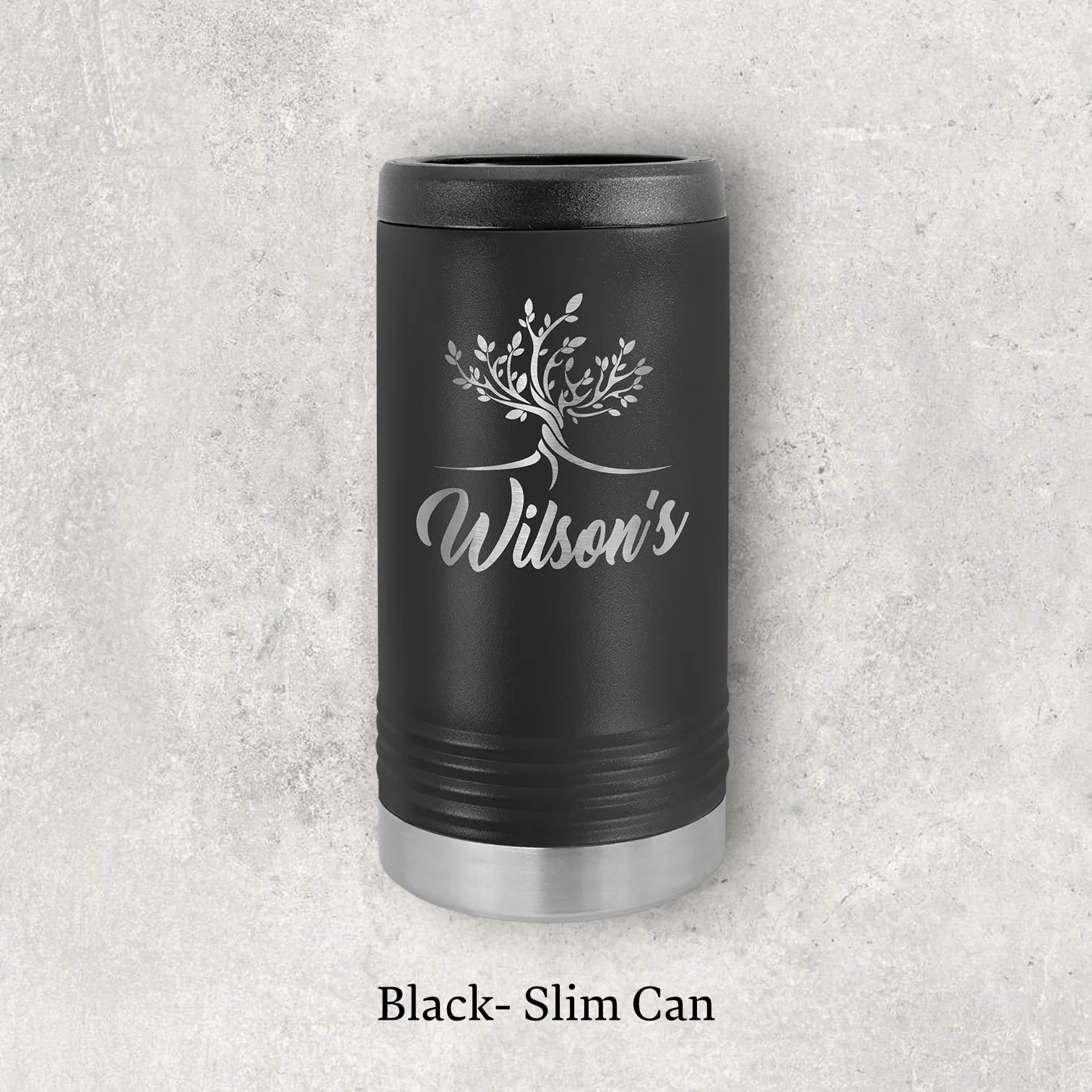 Laser engraved black metal beverage holder for slim 12 oz can – Lazeric