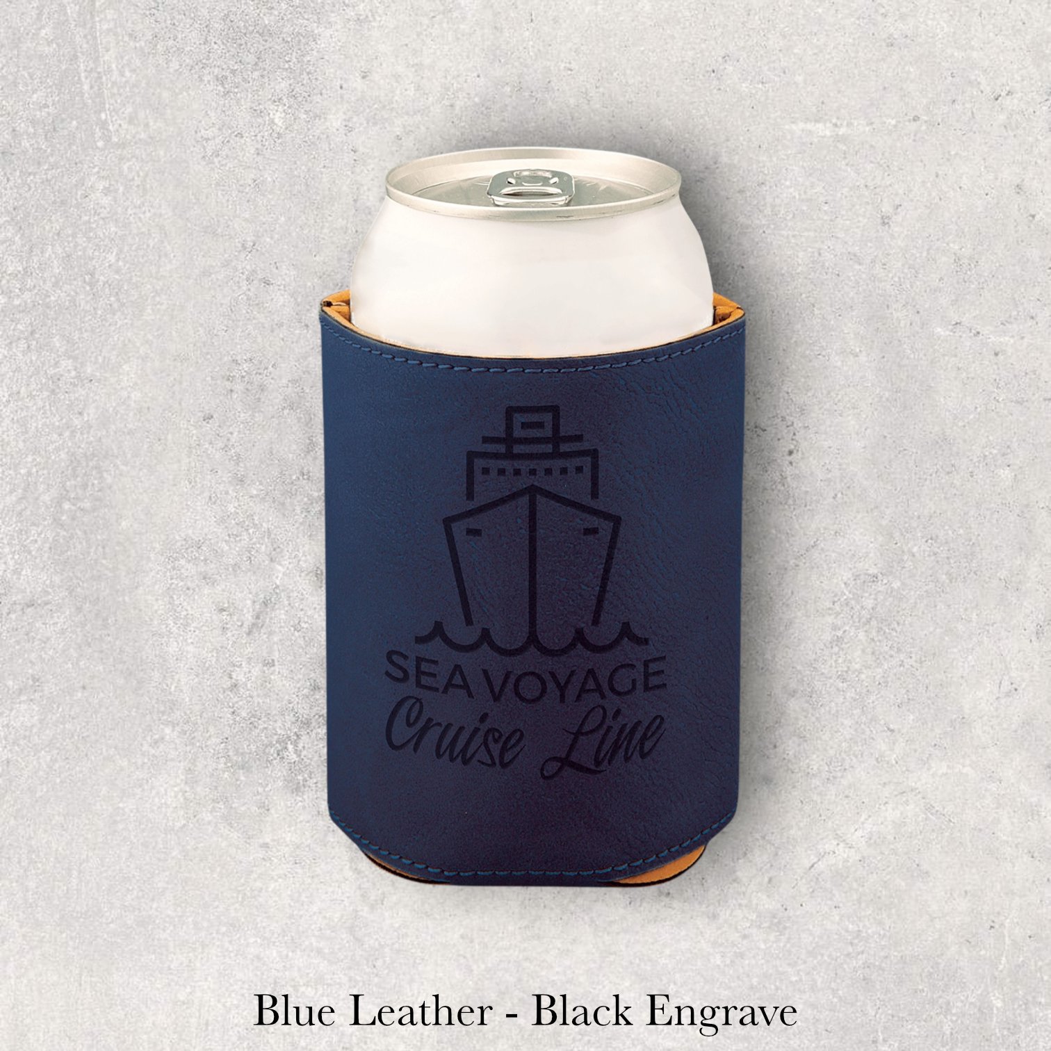 Laser engraved blue leather can coozie with Seavoyage Cruise Line logo, engraved by Lazeric